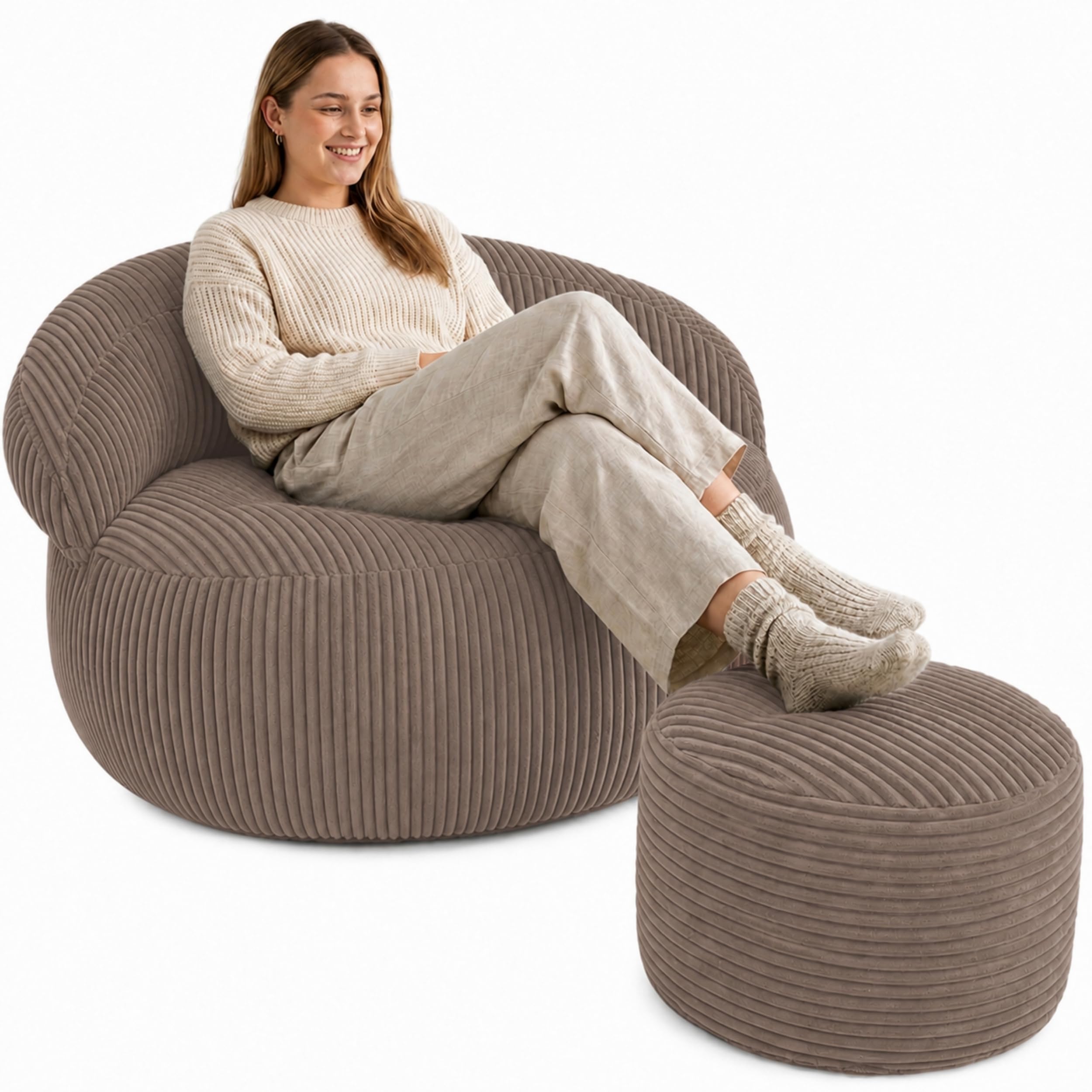 bananair – Puff Sillón para Salón y Dormitorio en Pana con Reposapiés - Puff Sillón XXL Suave - Funda Lavable - Ideal para Salón y Dormitorio, Adultos y Adolescentes (110 × 100 cm, Marrón)
