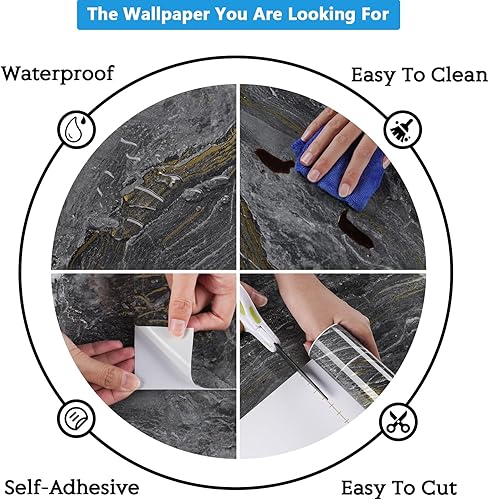 Miniatura 9 de CRE8TIVE Papel adhesivo de mármol gris oscuro dorado de 12 x 80 pulgadas, papel tapiz de mármol pizarra brillante, encimeras de despegar y pegar,