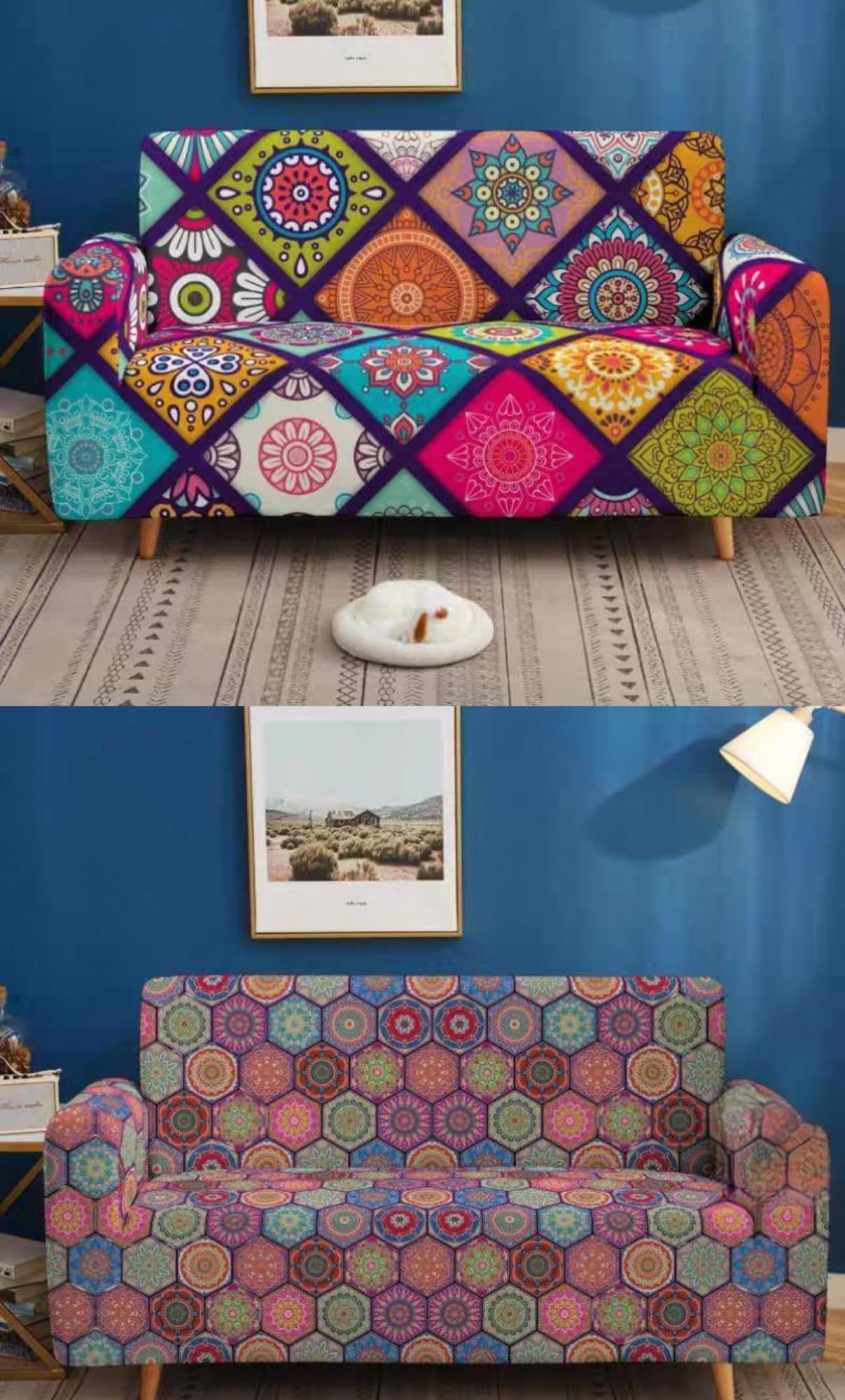 Stretch Sofabezug mit Muster, rutschfest und waschbar, weicher elastischer Couchbezug mit Rundum-Schutz und Fixierbändern, formstabil, für 1 bis 4 Sitzer(B,235cm-300cm)