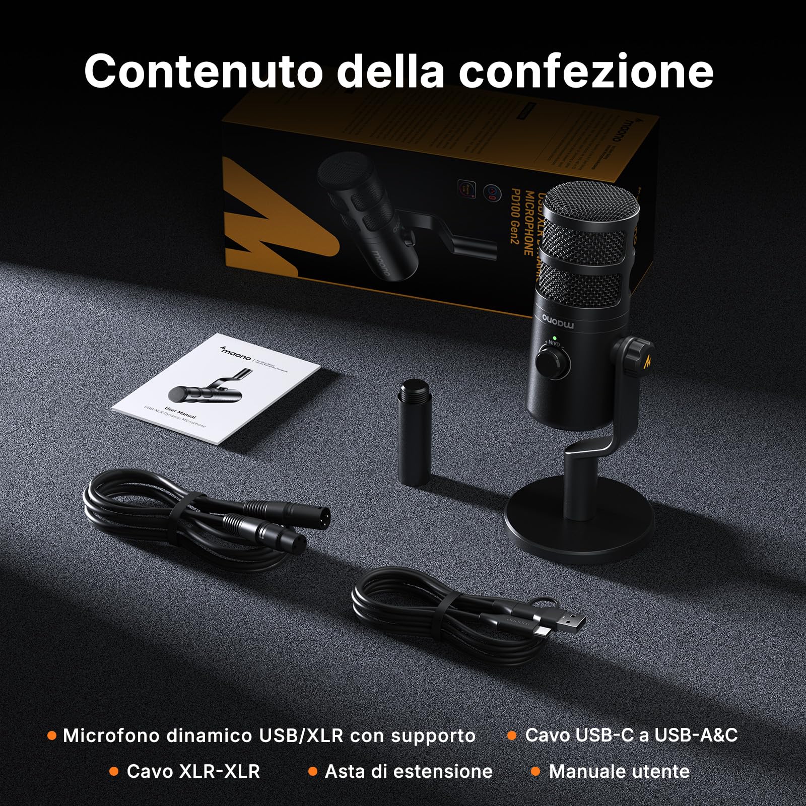 MAONO PD100 Gen2 Microfono Dinamico USB/XLR, Audio 192 kHz/24 bit, Struttura in Metallo, Pulsante Mute, Kit Completo con Cavi USB e XLR, per Podcast, Streaming, Gaming e PC