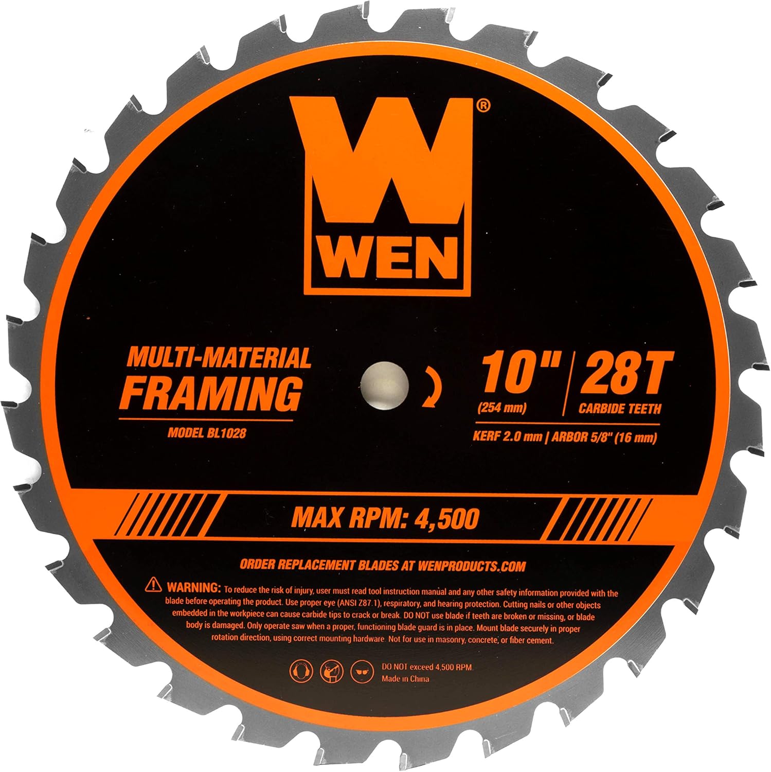 Wen BL1028 10-Inch 28-Tooth Carbide-Tipped Professional Multi-Material Framing Saw Blade