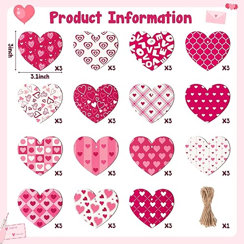 Miniatura 2 de A1idee - 45 adornos colgantes de madera para el día de San Valentín, decoración de 15 estilos rojo y rosa en forma de corazón, patrón de amor con
