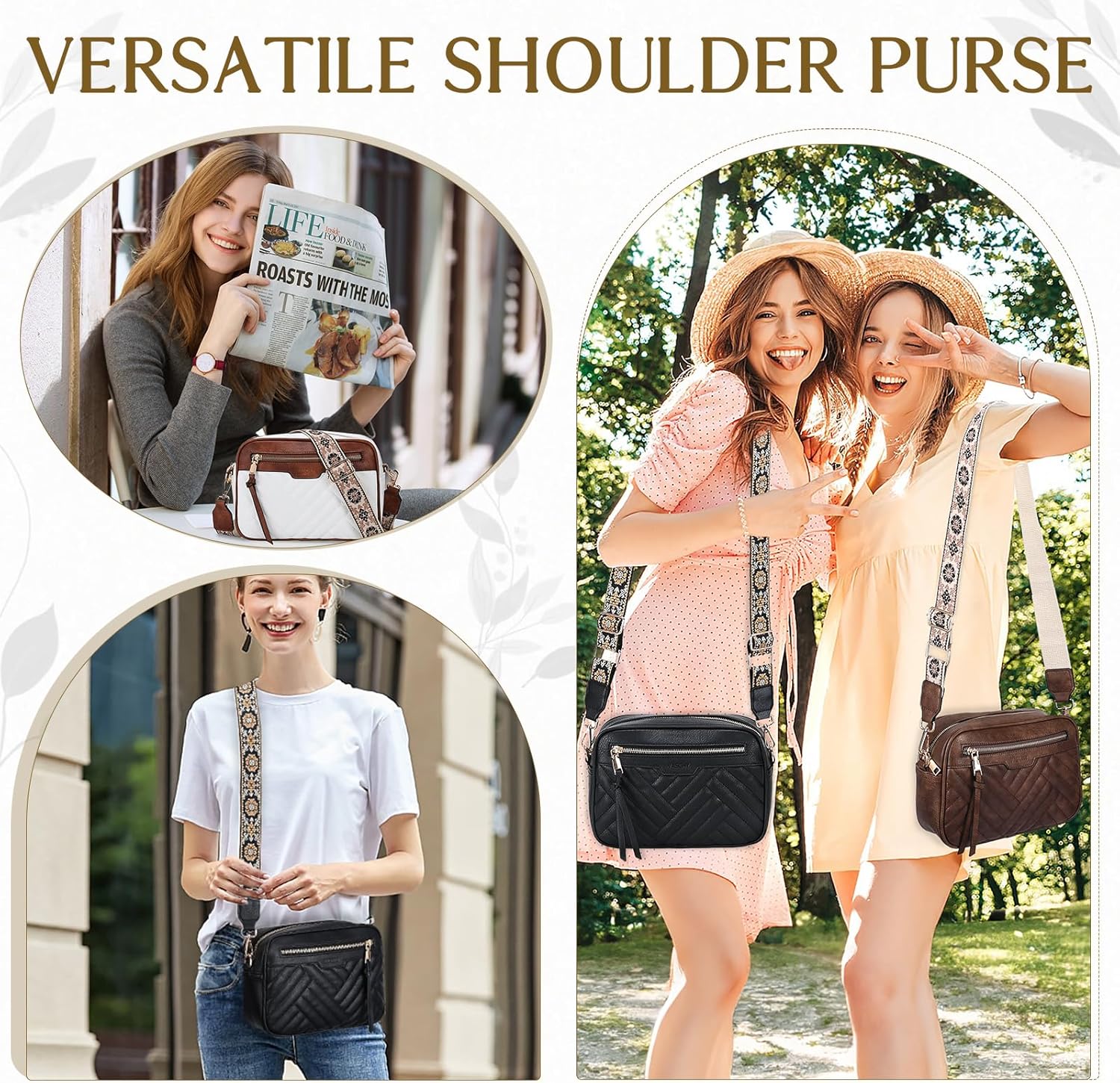 VASCHY Crossbody Purse Bags Women, Trendy Vegan Leather Quilted Chevron Small Shoulder Bag with Detachable Guitar Strap