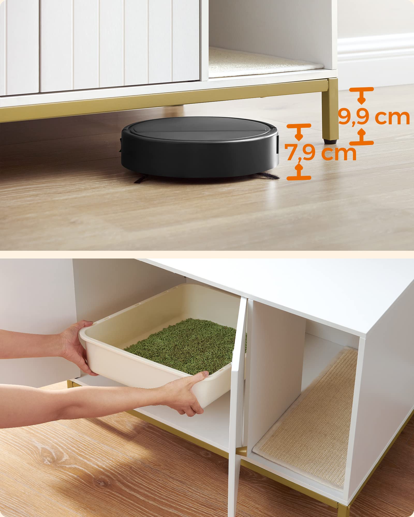 Feandrea PCL007W01 - Mueble de Cama para Gatos con Alfombra de rascado, Patas Altas, Mesa Auxiliar, 80 x 50 x 55 cm, Blanco y Dorado