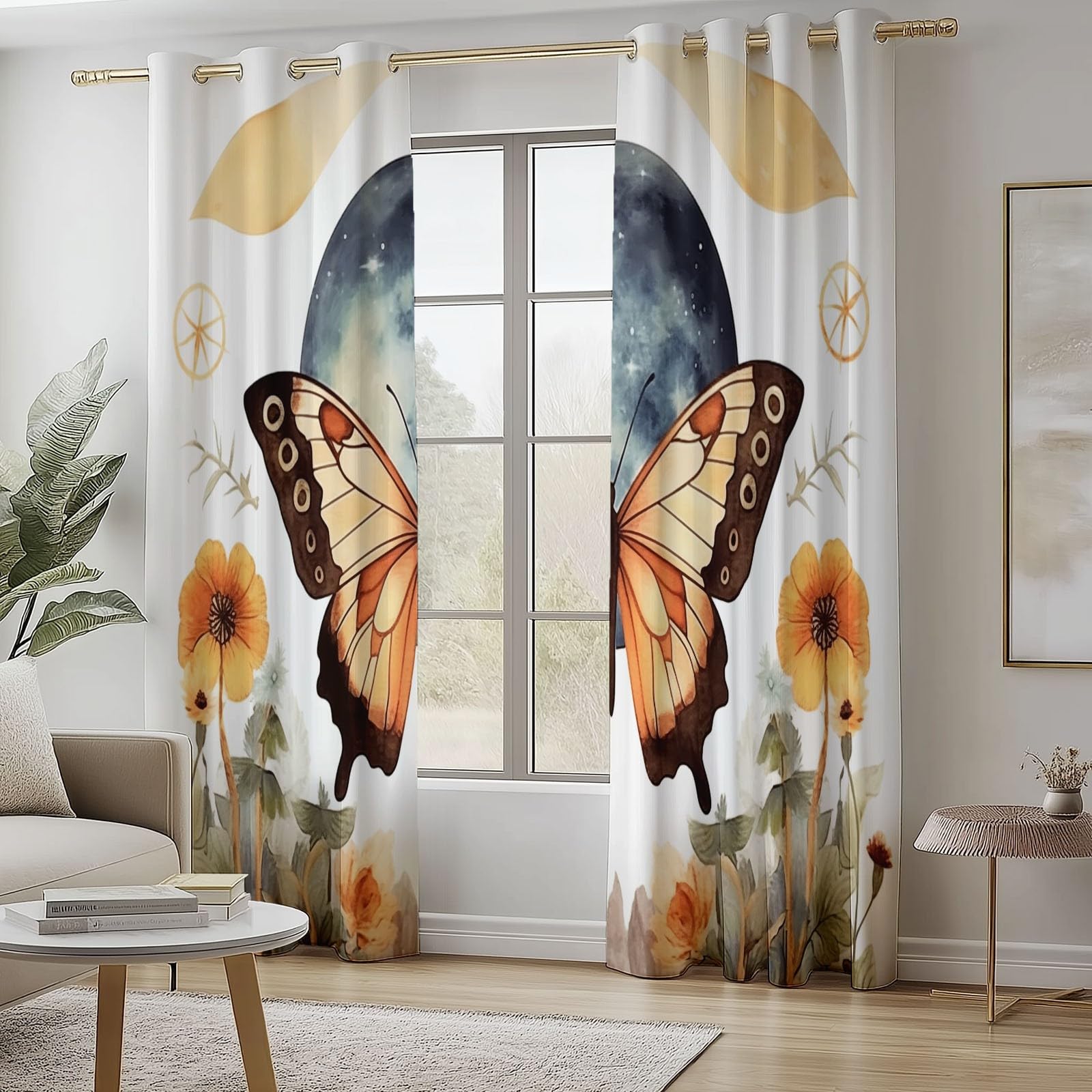 100% poliester, zasłony zaciemniające akwarelowe motyle księżyc 110 L x 215 H cm (2 panele) blokowanie oczek światło anty-UV do salonu sypialni, biała