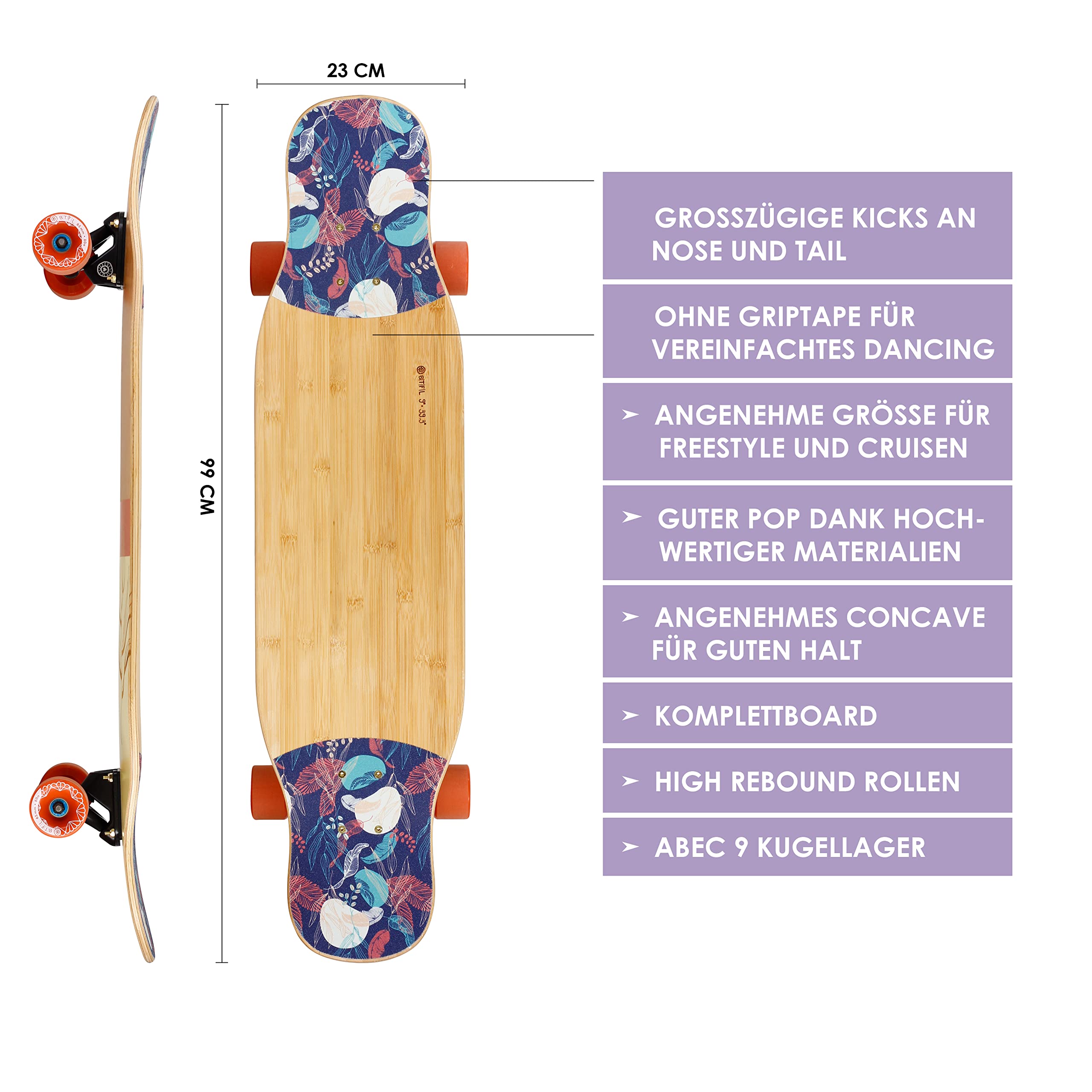 BTFL Dancer Longboard Complete & Deck-only. Perfekt zum Dancing für Anfänger und Fortgeschrittene, für Tricks und Moves Aller Art, Cruiser Longboard Sydney, Lilou & Nora