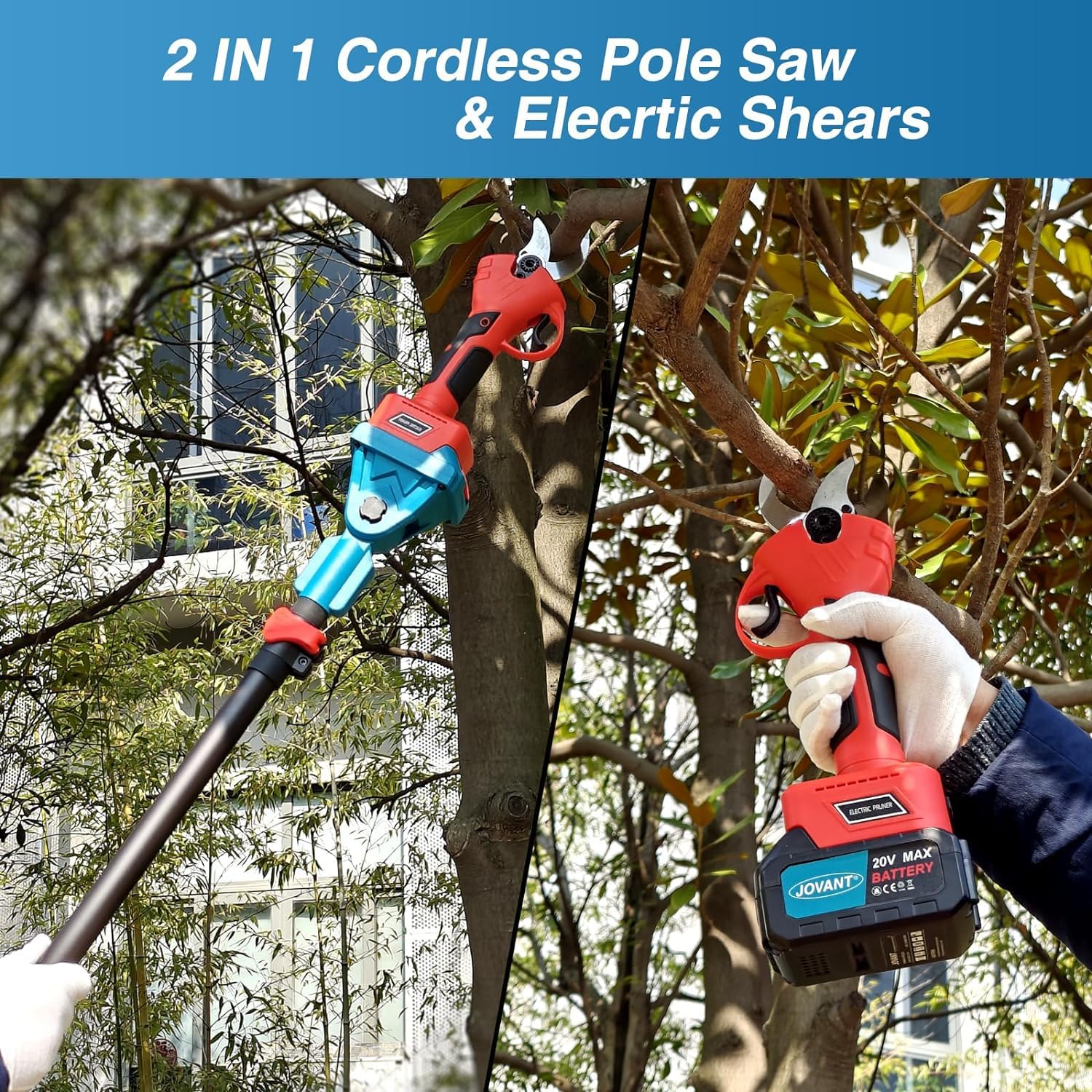Tijeras de podar eléctricas inalámbricas 2 en 1 con barra telescópica, batería de 20 V 4,0 Ah, diámetro de corte de 1,2 pulgadas, alcance de 15 ft/180 pulgadas, tijeras para árboles de altura para