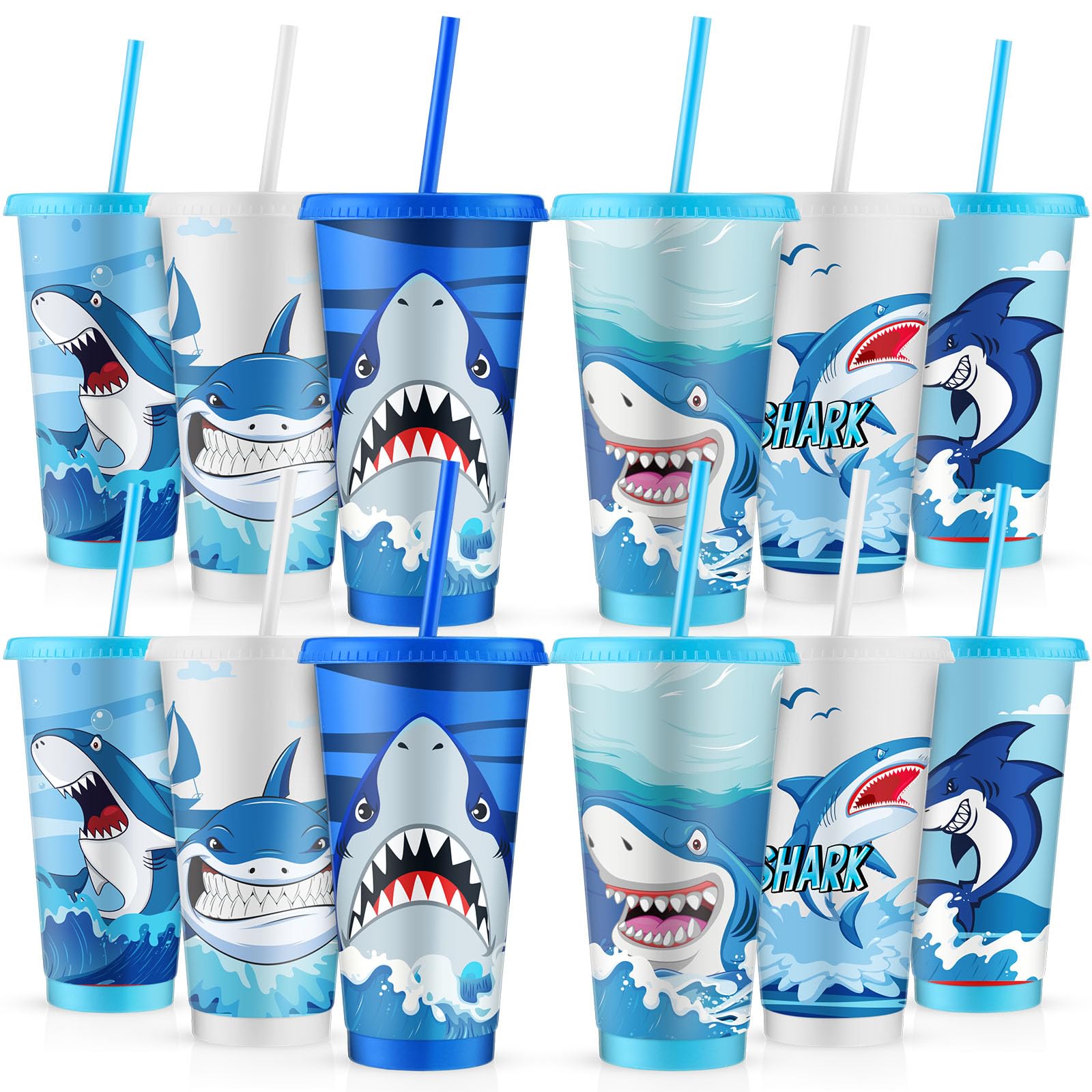 Qilery 12 Pcs Shark Tumblers with Lids and Straws 24oz Plastic Cups Reusable Cups with Lids and Straws Shark Iced Coffee Travel Mug Cold Drink Cups for Birthday Sea Party Favors