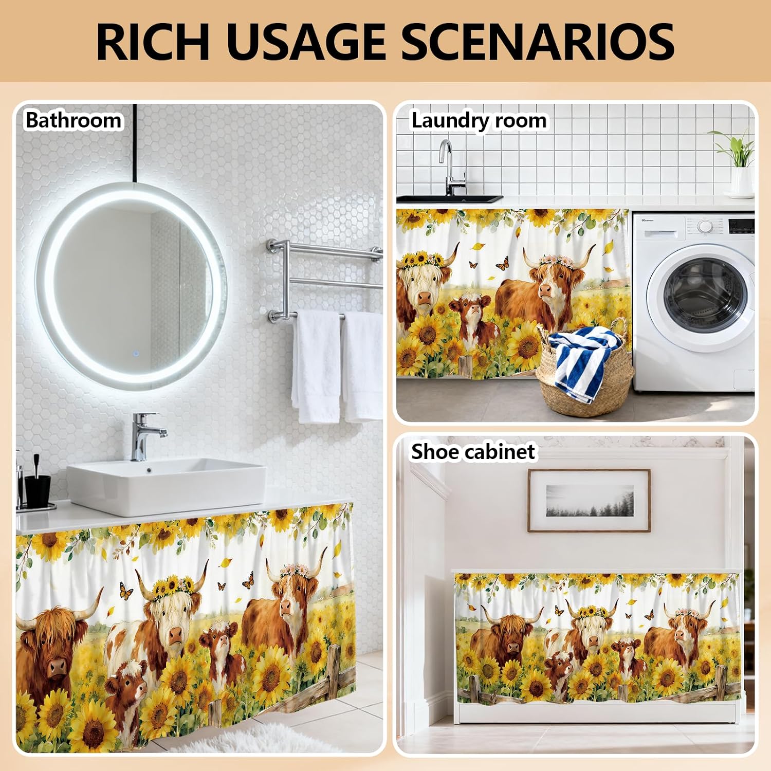Sunflowers Cabinet Curtains Butterflies 51.2 Inch Long Sink Skirts Curtain for Kitchen Highland Cattle Cabinet Curtains for Bedroom Bathroom Laundry Room