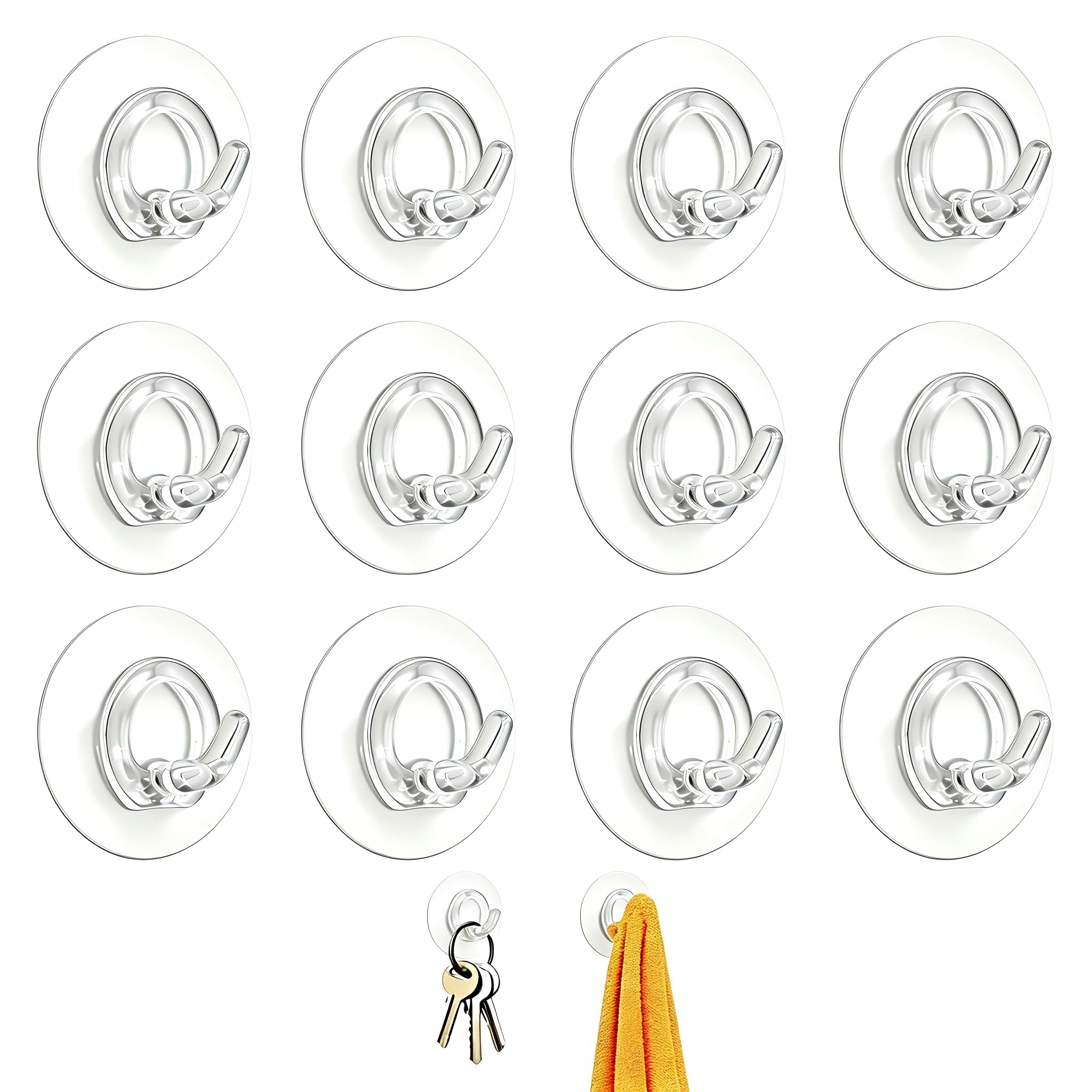 12 Pcs Self Adhesive Hooks, Extra Strong Sticky Hooks for Hanging, Heavy Duty Stick On Wall Hooks, No Drilling Waterproof Hooks for Bathroom Kitchen Closet Office, Towels Coats Keys Decor