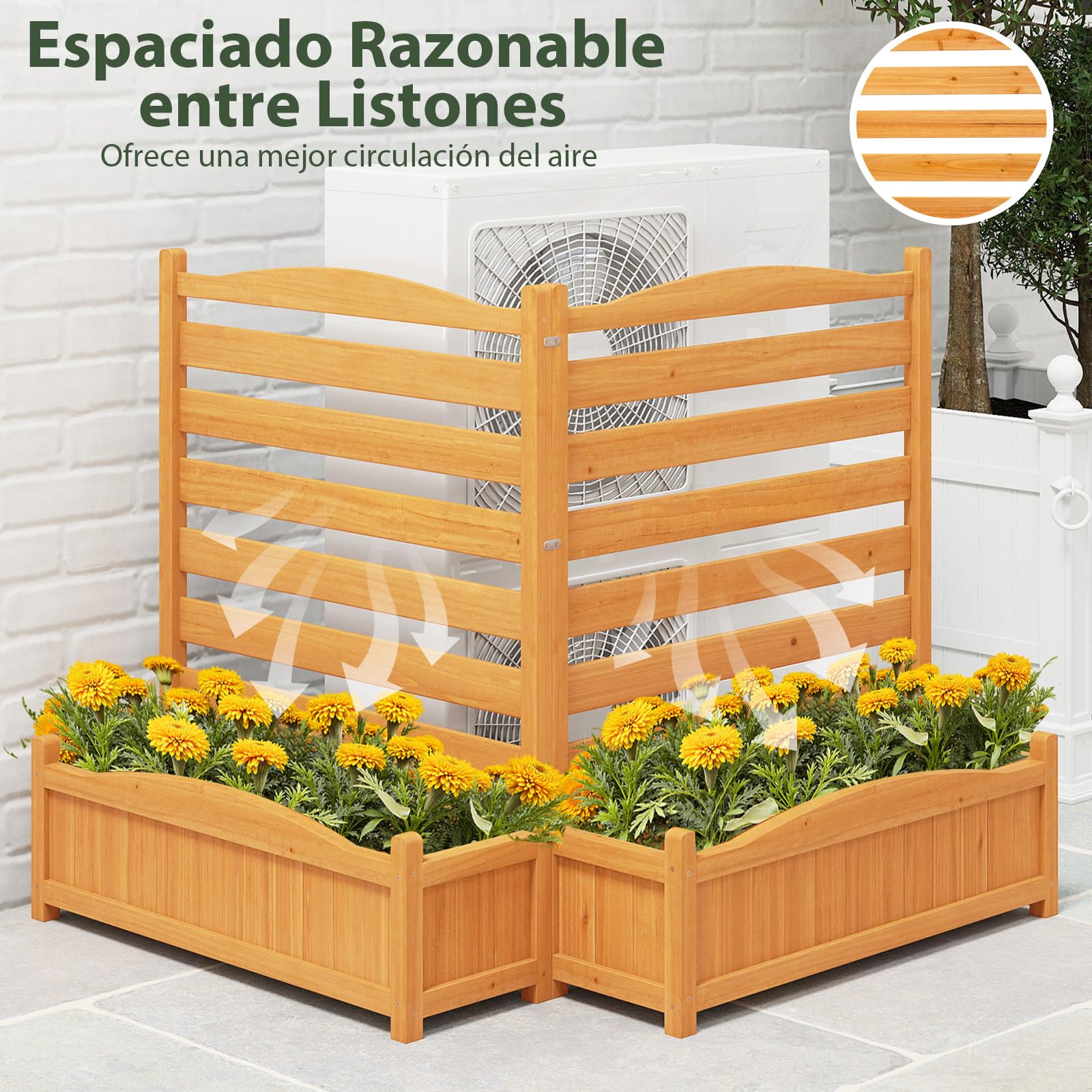 GOPLUS Valla para Aire Acondicionado con Macetero, Pantalla de Privacidad de Madera para Exteriores con Agujeros de Drenaje, sin Necesidad de Excavación, para Equipamiento de Jardín (2 Piezas)