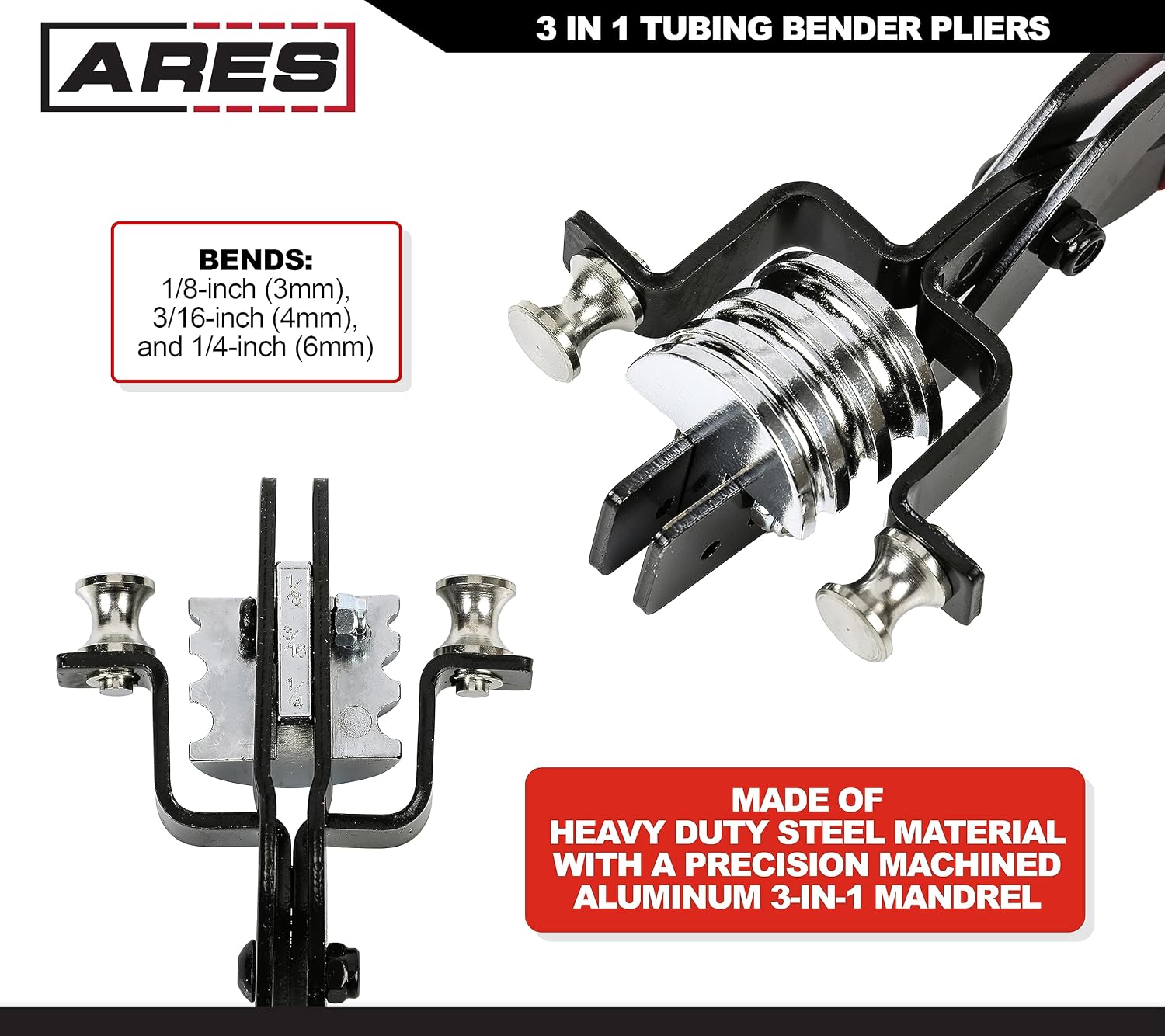 ARES 10024-3-in-1 Small Range Tubing Bender Pliers - Easily Make 90 Degree Bends in Brass, Copper, Steel, Stainless and Aluminum - Works for 1/8-Inch, 3/16-Inch, and 1/4-Inch Tubing