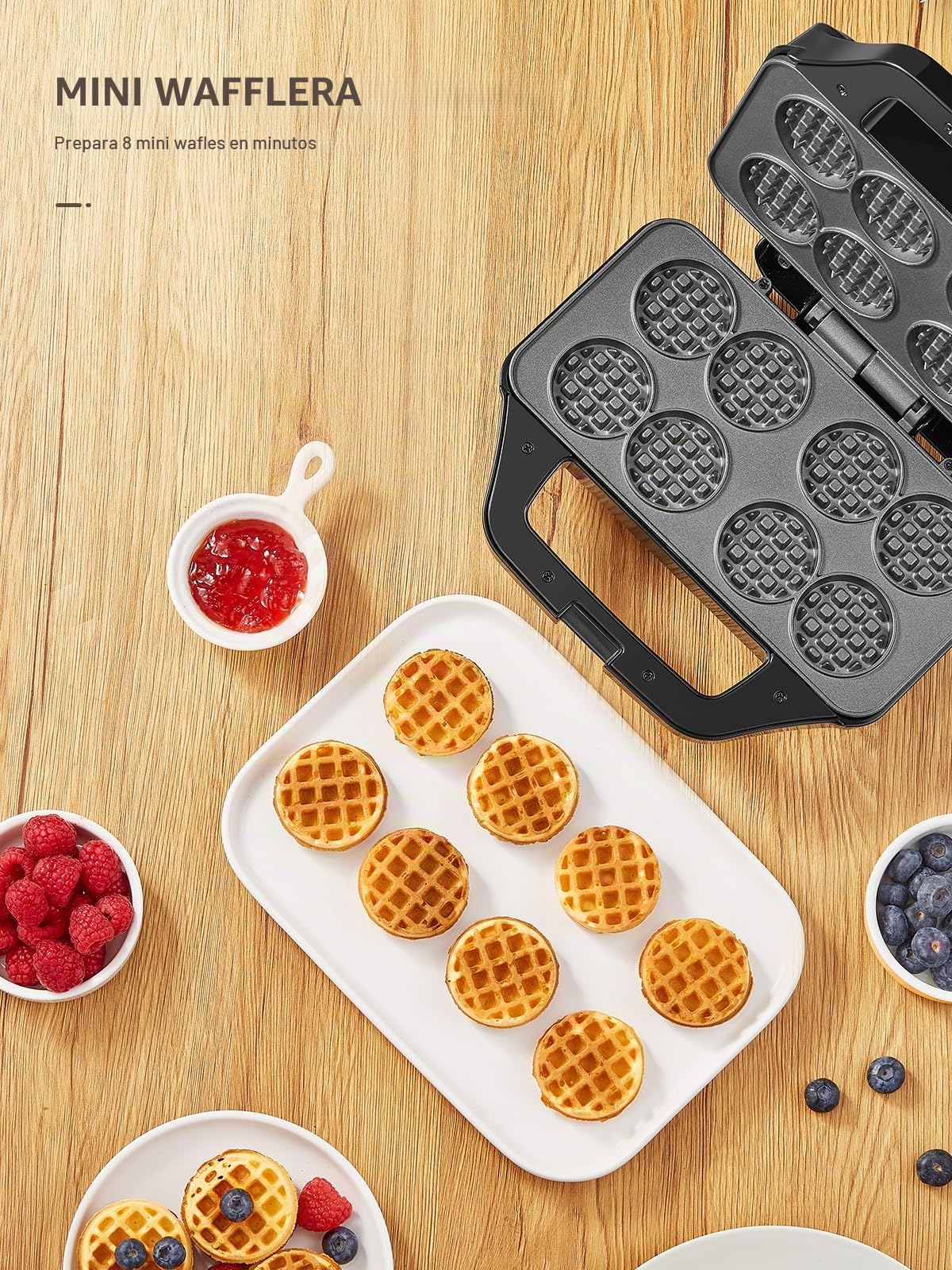 Gofrera Reemix – Mini gofrera para 8 gofres de 4,8 cm, diseño compacto con superficie antiadherente, fácil de usar, calentamiento rápido, ideal para desayunos y meriendas, color negro
