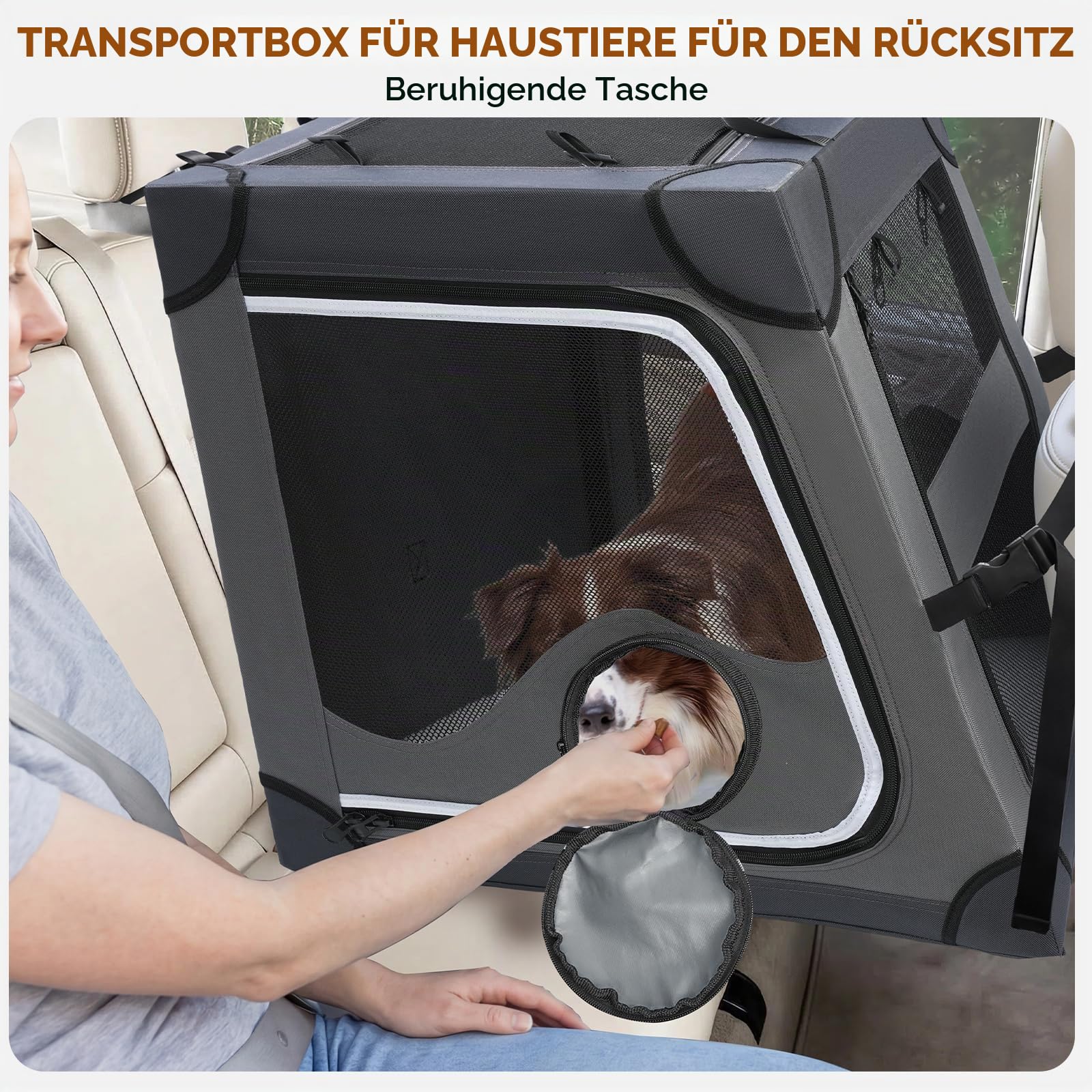 Snagle Paw Tragbare Hundebox für Autoreisen, Metallrahmen-Haustierkäfig, Haustier-Transportbox für Auto-Rücksitz, befestigt mit Kopfstützengurt und Sicherheitsgurt, L, Grau
