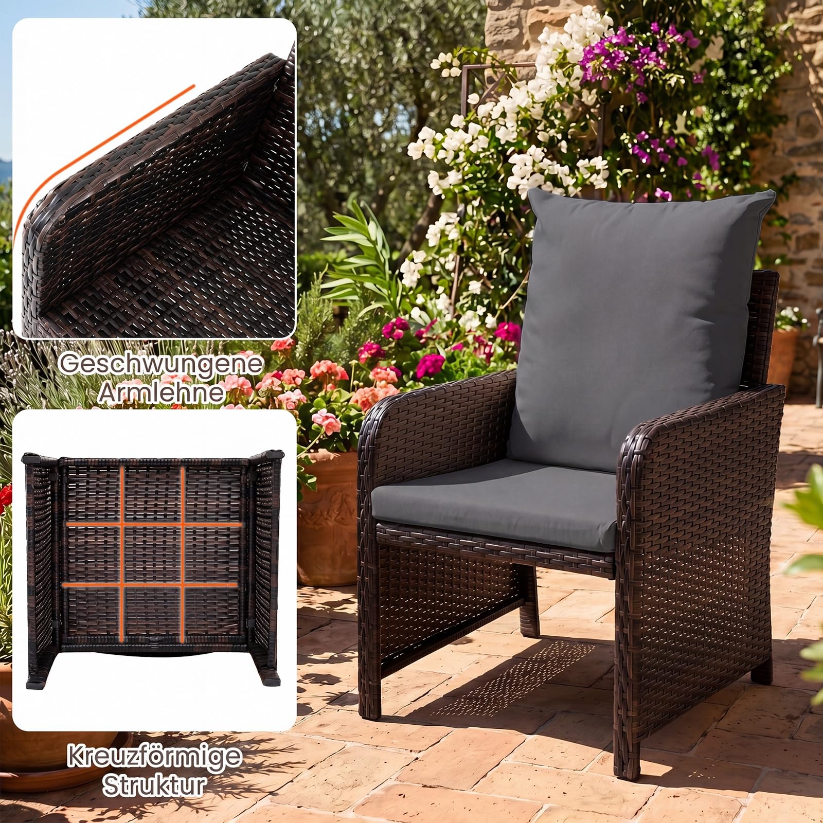 COSTWAY 5-teiliges Balkonmöbel Set, Gartenmöbel aus PE-Polyrattan (Grau)