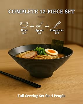 APEX S.K. 4 Sets (12 Piece) 57 Ounce Large Japanese Ramen Noodle Soup Bowl Melamine Hard Plastic Dishware Ramen Bowl Set with Matching Spoon and Chopsticks for Udon Soba Pho Asian Noodles