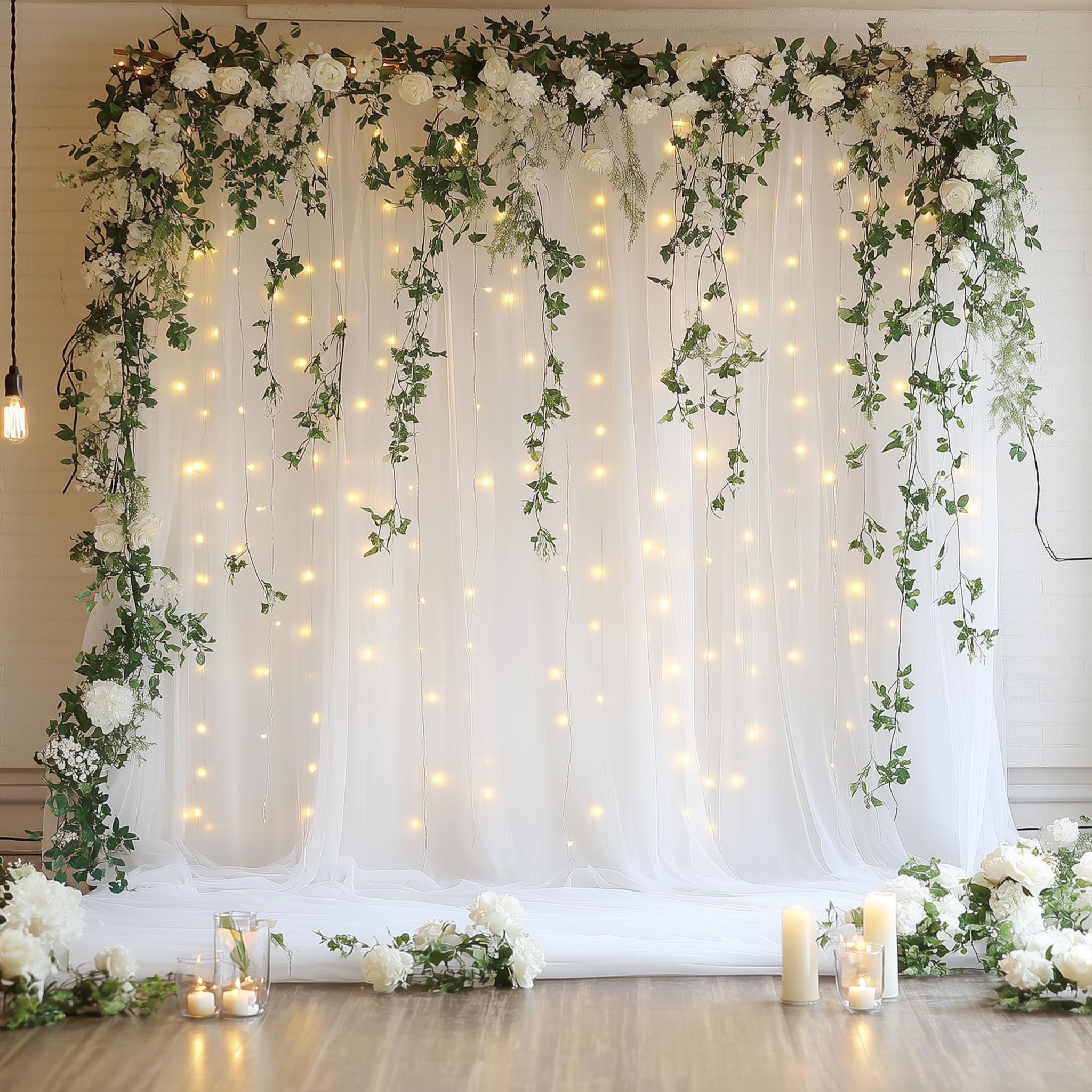 Xiomot Tulle Backdrop Curtain with Lights String 10FT X 8FT White Sheer Tulle Backdrop Curtains for Wedding Birthday Party Reception Photo Booth Background Decorations (2 Panels 5x8FT)