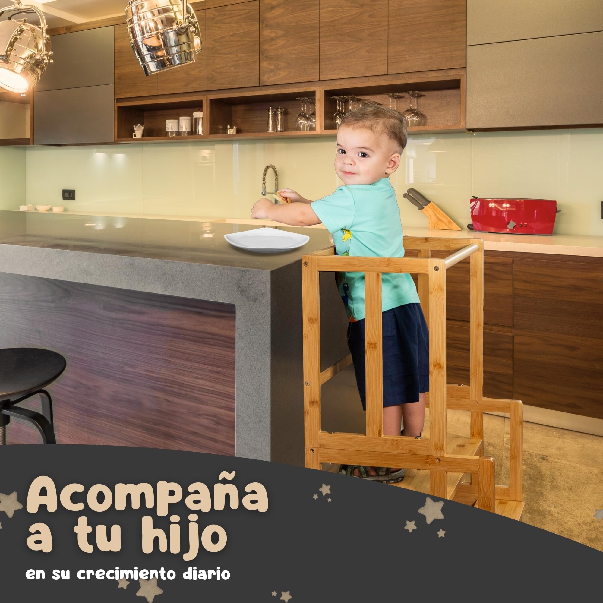 Torre de Aprendizaje Montessori de Bambú Antivuelco, Taburete Infantil y Juguetes