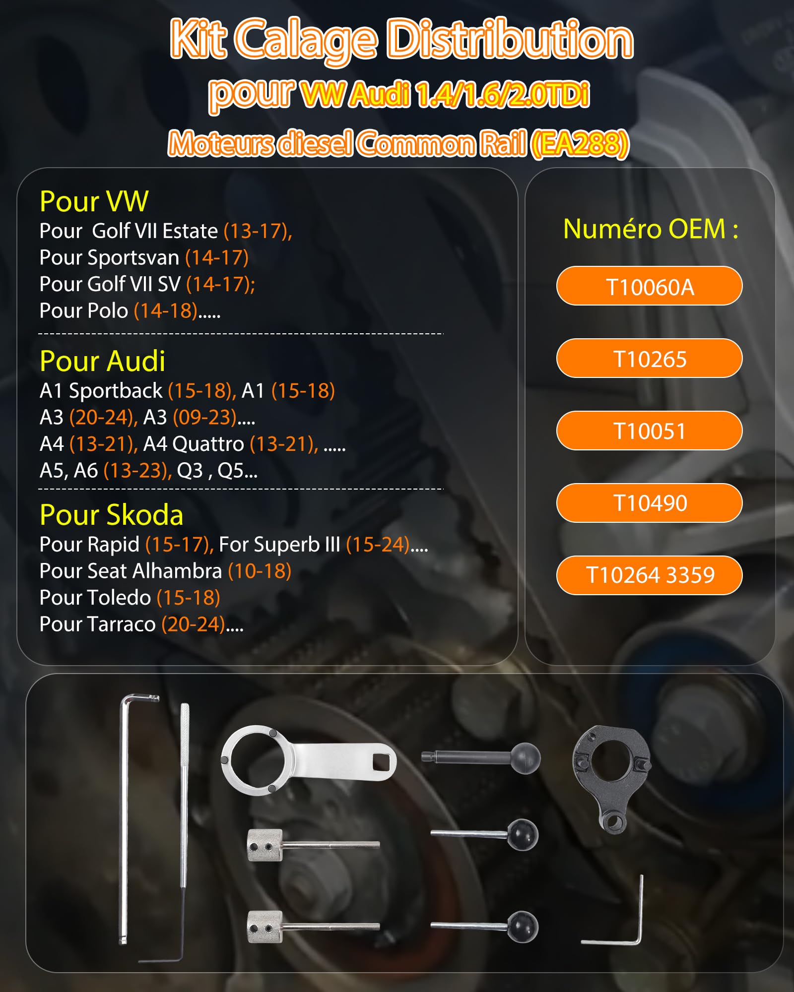 Outils de Calage Distribution Kit Compatible avec VW pour Audi pour SEAT pour Skoda T10264 T10265 T10490 T10051 3359 T10060A pour 1.4 1.6 2.0 TDI CR EA288 Engine Outils Courroie Distribution Moteur