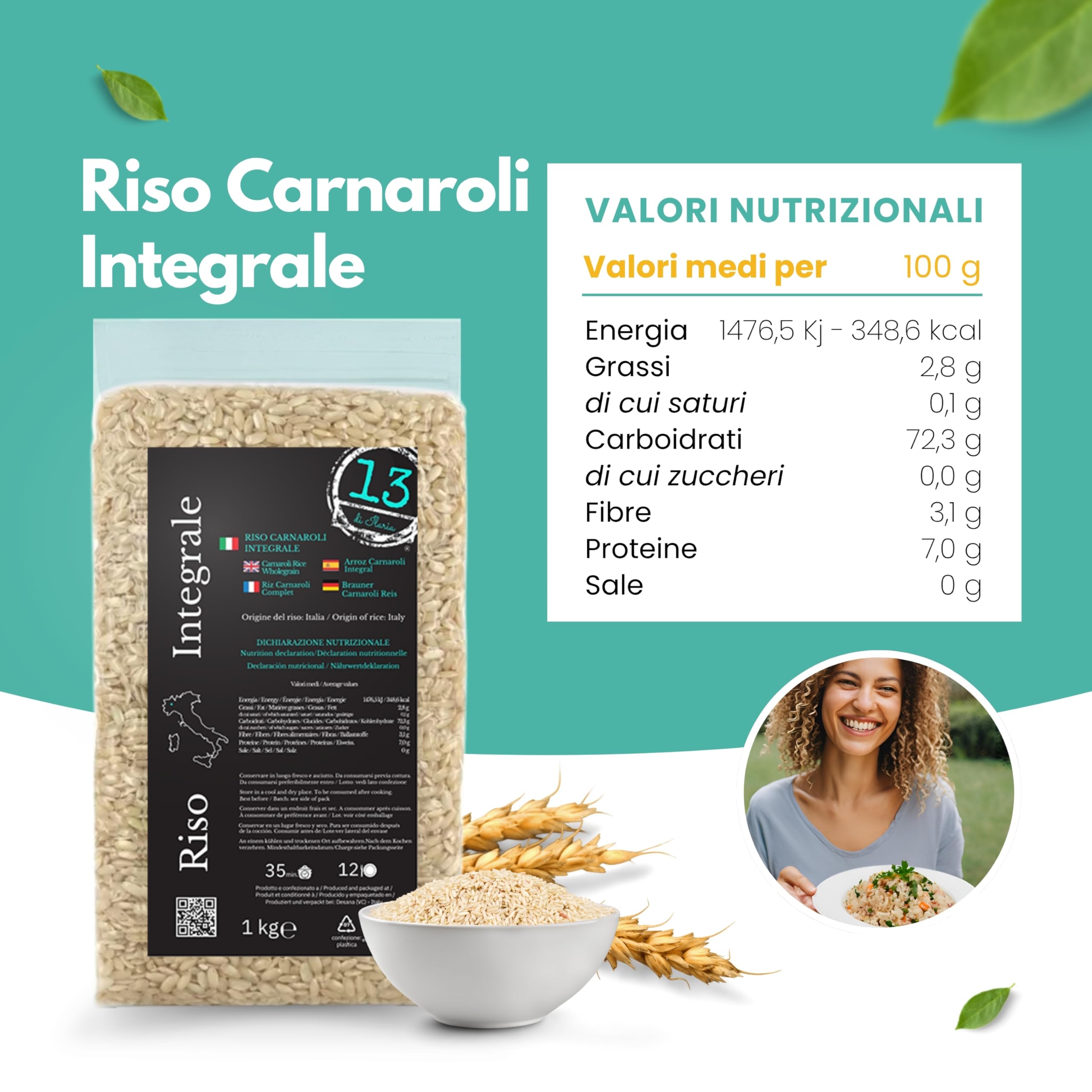 Riso Carnaroli Integrale Italiano 2 kg (2x1kg) – Chicchi Lunghi e Sodi, Ottima Tenuta in Cottura – Senza Glutine – Ideale per Risotti Integrali – 13 di Ilaria