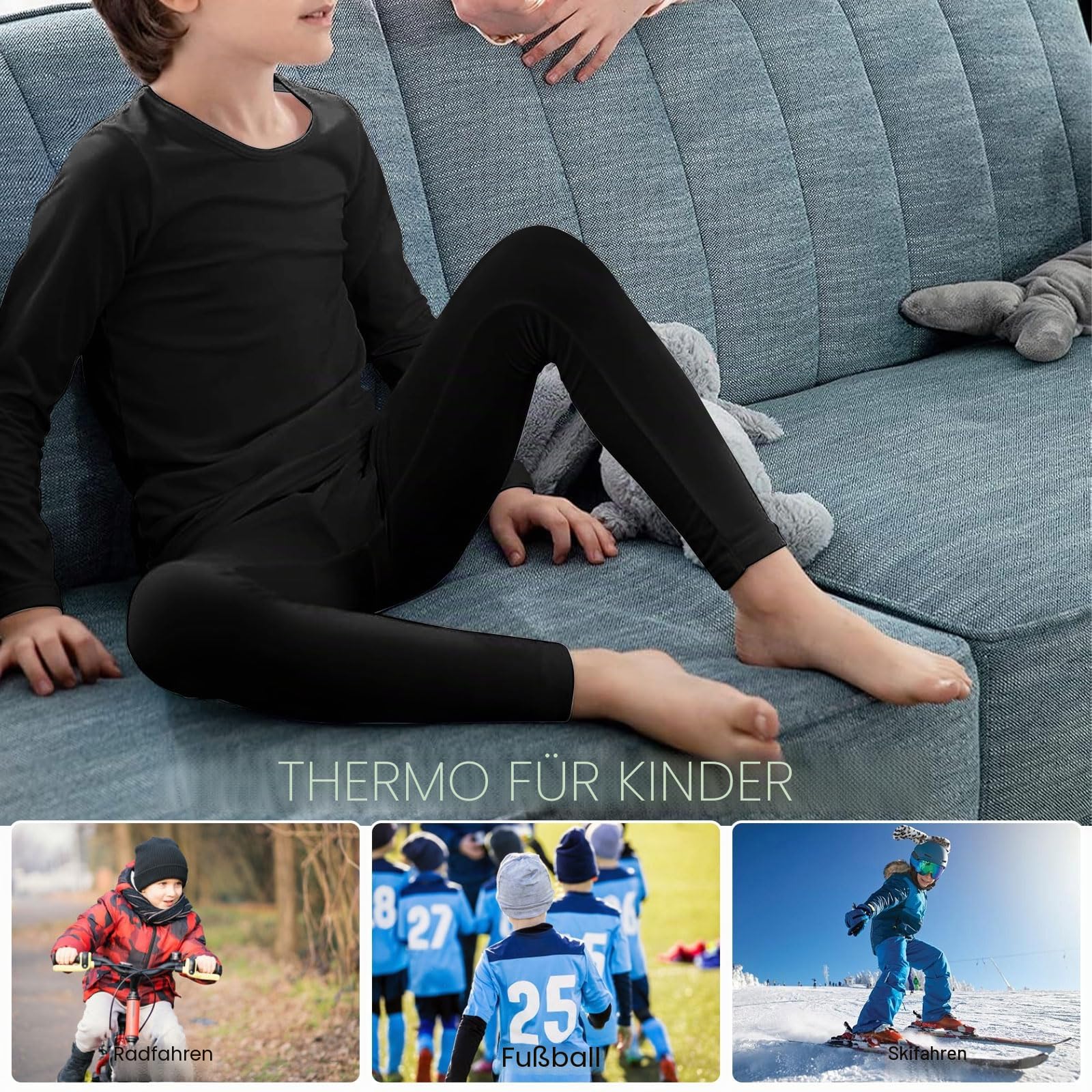 Thermounterwäsche-Set für Kinder, mit Filz gefüttert, Winter, warm, für Mädchen und Jungen, Unterziehshirt und Leggings, Thermounterwäsche-Set für Kinder, zum Skifahren, Radfahren und