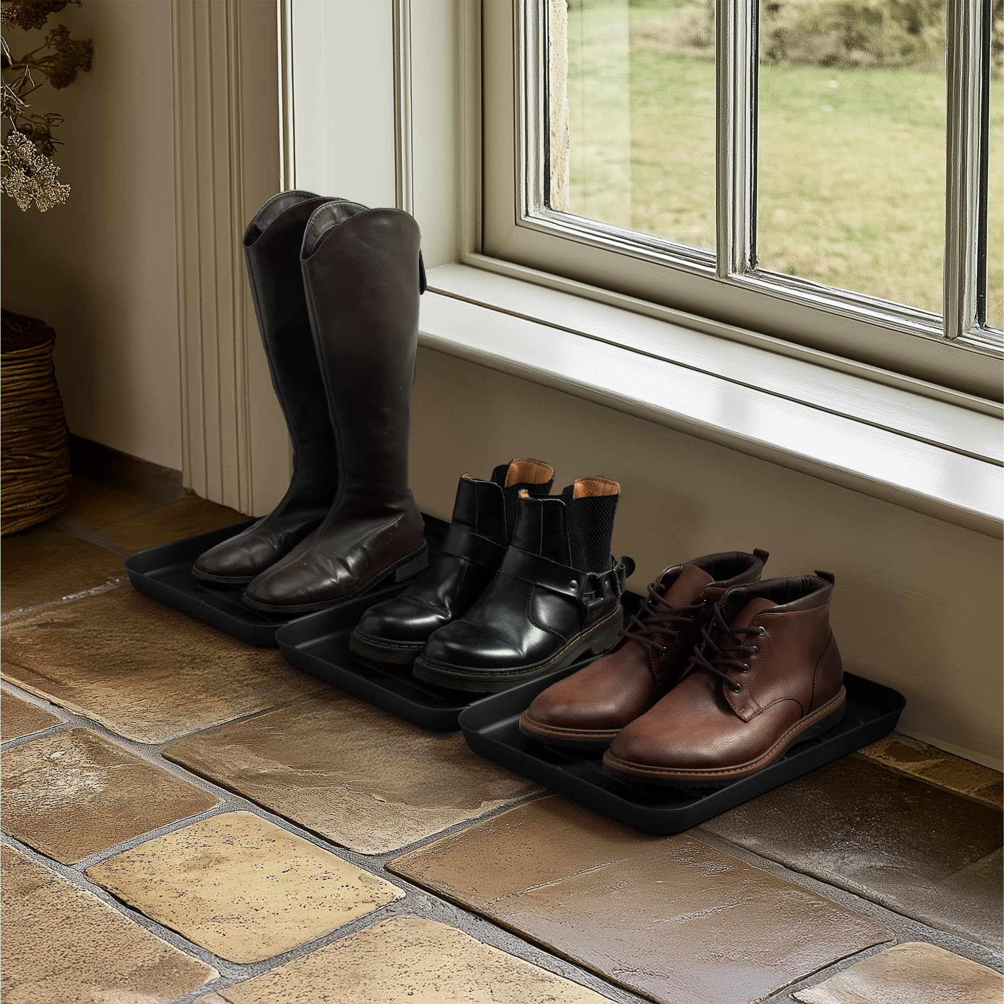 Navaris 3 x tacka ociekowa na buty, mata, podstawka, ociekacz na buty, 35 x 27 x 2,5 cm, z podwyższoną krawędzią, czarna, na deszcz, jesień, zimę