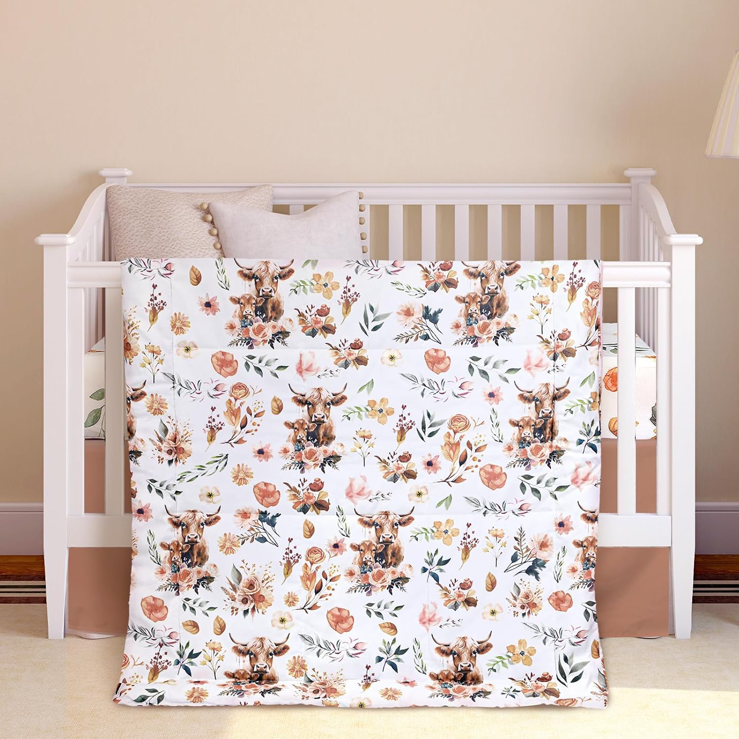 Ganeen 3 Pieces Highland Cow Crib Bedding Set for Girls Boys Highland Cow Floral Boho Retro Baby Bedding Sets Standard Size Neutral Baby Bedding Sets