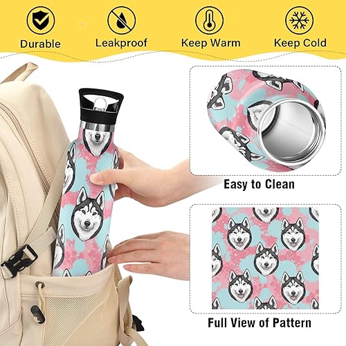 Miniatura 4 de Kids Water Bottle for School, Kids Stainless Steel Water Bottle for Travel or School 20 Oz, BPA-Free, Black White Husky Dog