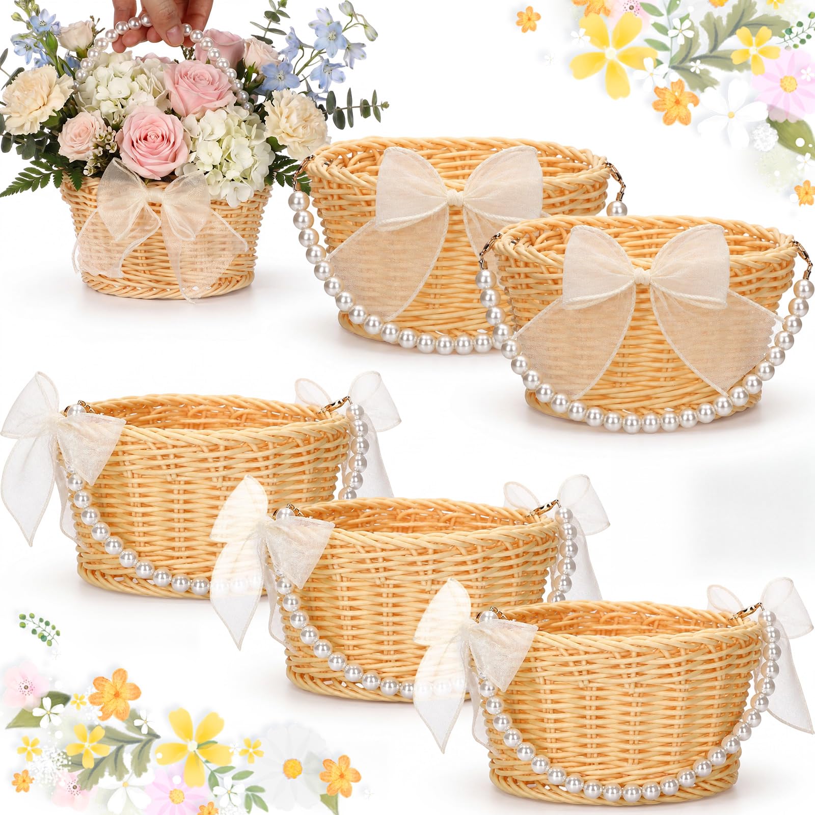Chunful 6 Set Small Wicker Rattan Flower Girl Basket 3.3 x 6.2'', Beige