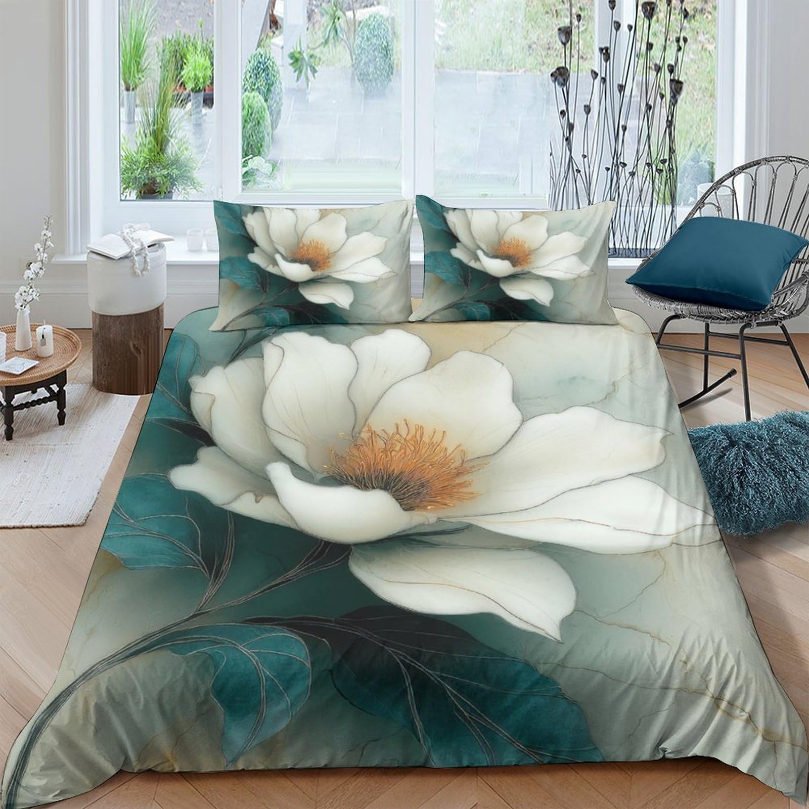 Ctjqhvkz Style-10 3D Printed White Magnolia Fitted Sheet Microfiber Soft Breathable Green Leaf Bed Cover For Bedroom Guest Room Decor Single（135X200cm）