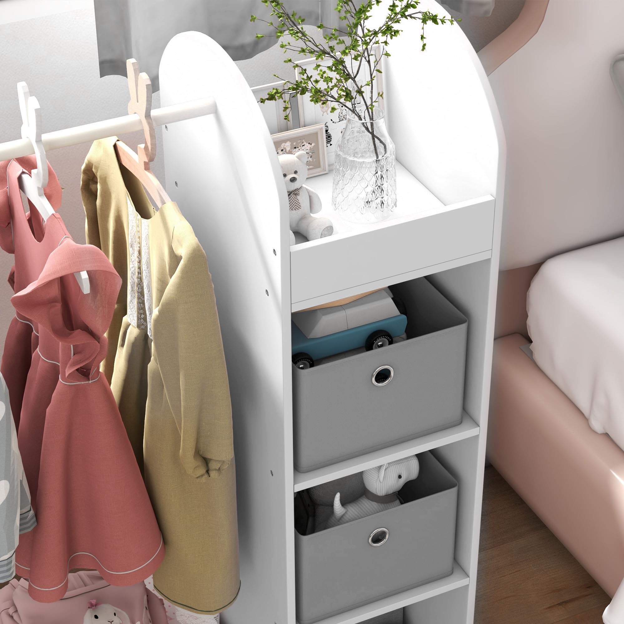 AIYAPLAY Tringle à vêtements pour enfants avec étagère de rangement, boîtes, miroir, armoire pour chambre à coucher, chambre d'enfant, crèche, blanc