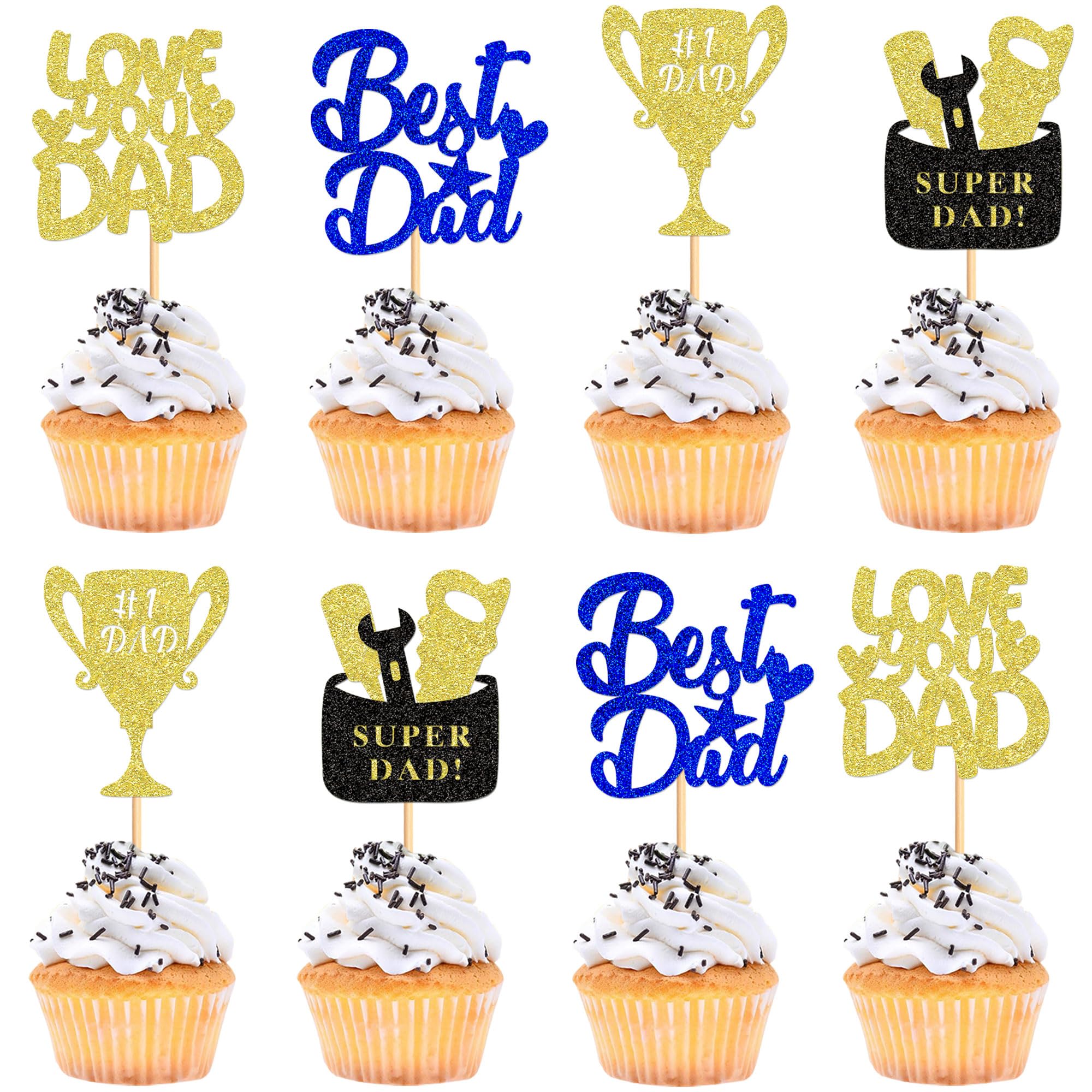 Cyodoos 24Pcs Happy Fathers Day Cupcake Toppers Happy Father's Day Blue Gold Glitter Cupcake Topper Decoration Party Supplies for Party Cupcake Happy
