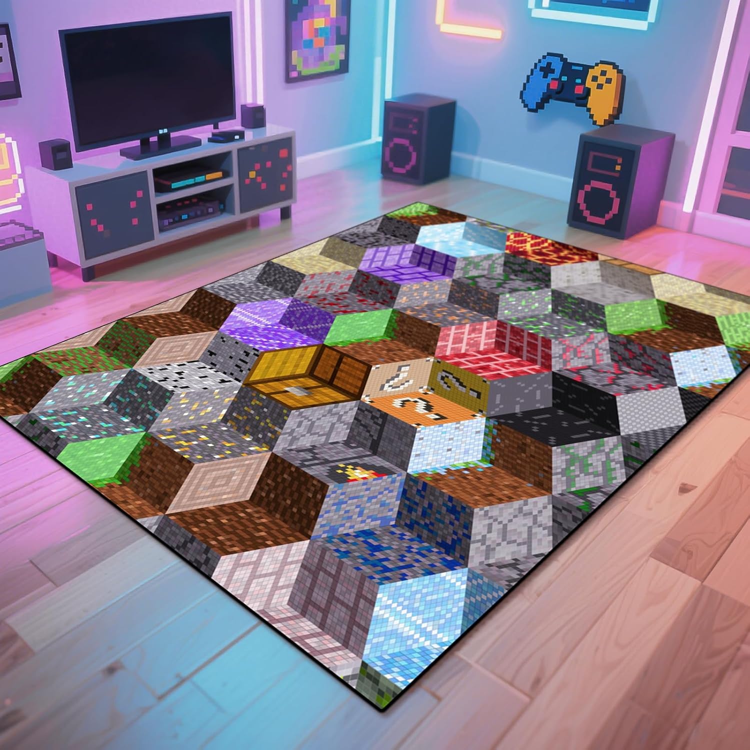 Block Game Rug Teen Boys Carpet with Pixel Games Element Decoration Mat, Cube Block Game Rugs for Boy’s Bedroom Living Room Playroom, Non-Slip Children Gaming Area Rugs (86" x 63")