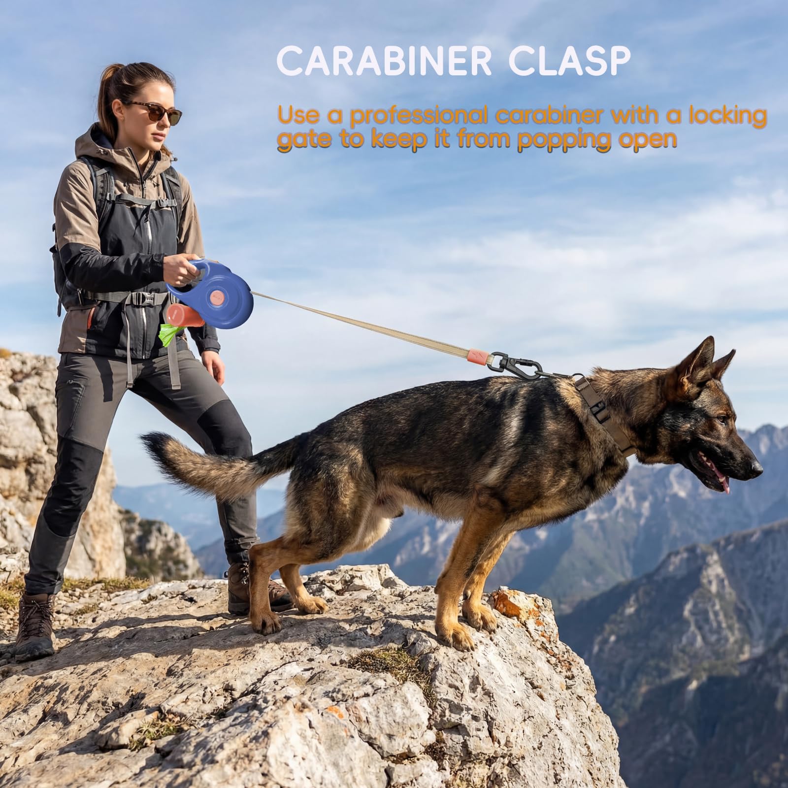 Laisse rétractable pour chiens de petite et grande taille, corde en nylon réfléchissante anti-morsure avec distributeur de sacs à déjections, mousqueton anti-explosion, poignée antidérapante (bleu