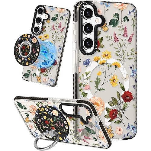 Cute Case for Samsung Galaxy S25 for Women Girls - Funny Retro Flower Design Compatible with Magsafe Magnetic Ring Holder Kickstand Fashion TPU Phone Covers