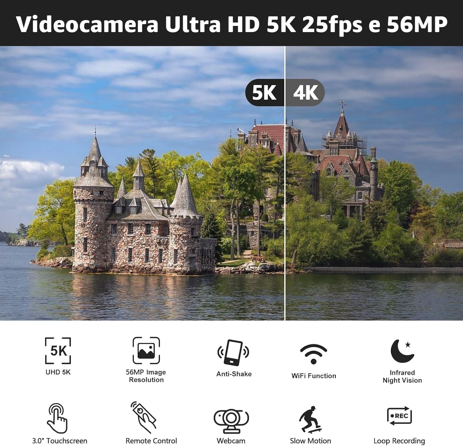 Videocamera 5K 56MP Camera Vlog per YouTube, WiFi, Visione Notturna IR, Zoom Digitale 16X, Schermo Touch 3", Webcam, Microfono Esterno, 2 Batterie, Scheda 64GB, Stabilizzatore, Telecomando, Treppiede