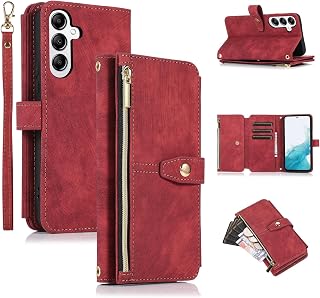 UEEBAI Wallet Case for Samsung Galaxy S24 5G, 9 Card Slots Retro Leather Wallet Shockproof Flip Cover with Hand Strap Card Slots Zipper Pocket Kickstand Handbag Magnetic Closure - Retro Red
