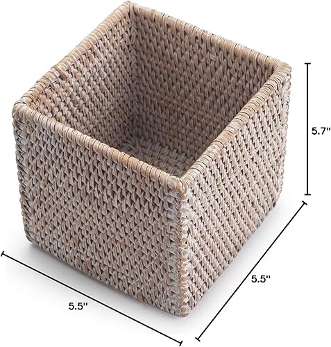 Miniatura 7 de Cubierta cuadrada para caja de pañuelos de ratán, soporte para pañuelos de mimbre tejido a mano, 5.5 x 5.5 x 5.7 pulgadas, blanqueado