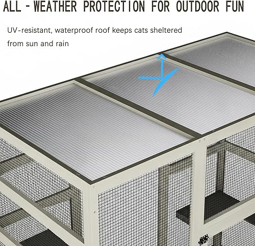 Miniatura 5 de Recinto grande para gatos Catio de 70 pulgadas, patio de madera para gatos con techo impermeable resistente a los rayos UV, refugio para gatos con 5