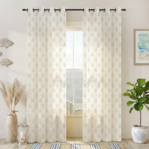 Neutral Floral Pattern Farmhouse Linen Curtains for Living Room, 96 Inch Long 2 Panel Set Floor to Ceiling Curtains Sheer for Bedroom, 8FT 8 FT Length