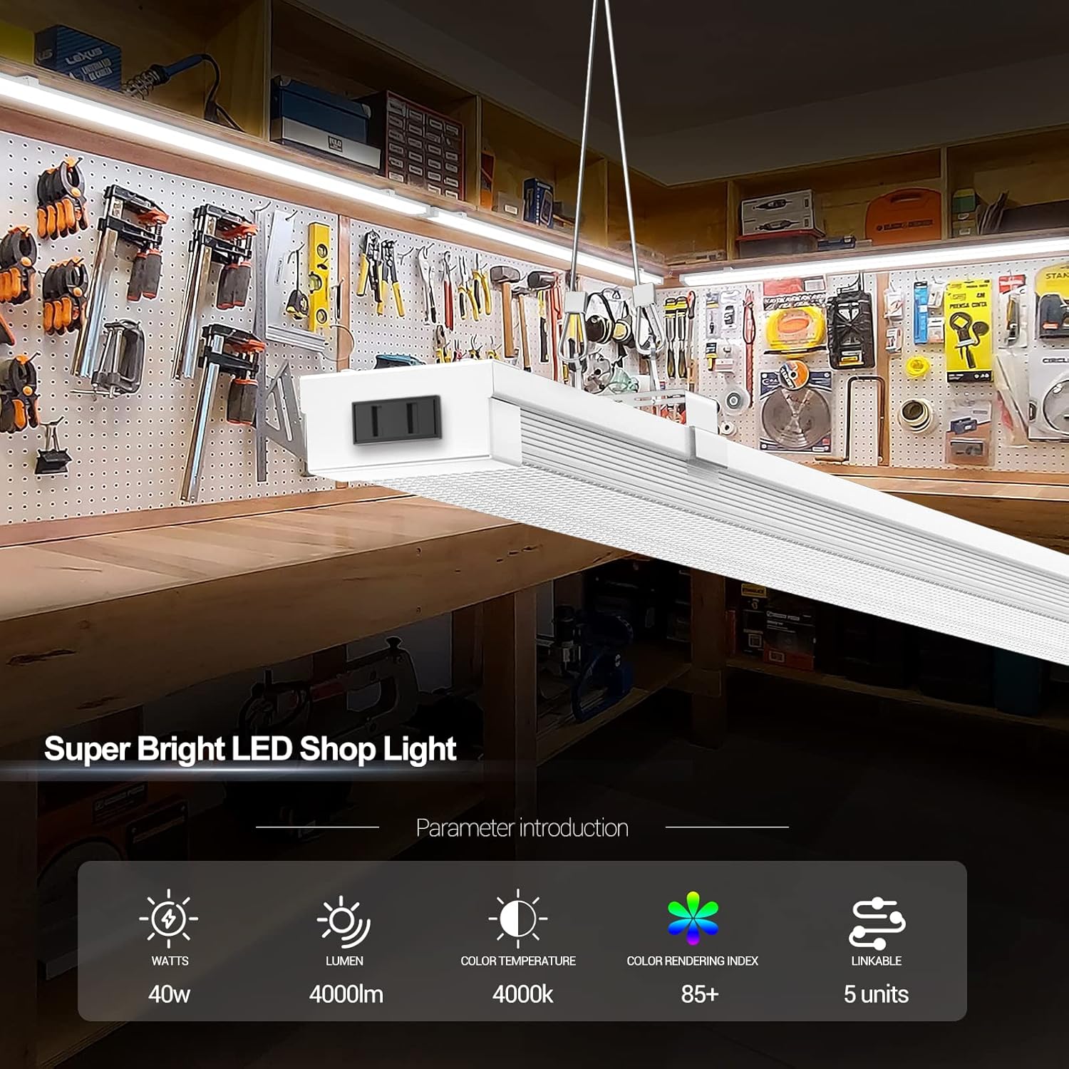 FAITHSAIL 5 Pack Linkable 4FT LED Shop Light, 40W, 4000K, 4000 LM [Eqv.150W Fluorescent] - 48 Inch LED Garage Light - Energy Saving Up to 1000KW/5Yrs (5Hrs/Day) - Hang & Flush Mount