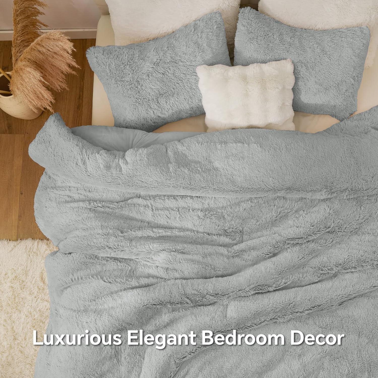 BEDELITE Grey Fluffy Comforter Set Queen Size, Fuzzy Faux Fur Comforter Bedding Set, Ultra Soft and Warm Winter Shaggy Bed Set (1 Comforter & 2 Pillowcases) as Gifts for Women - Image 5