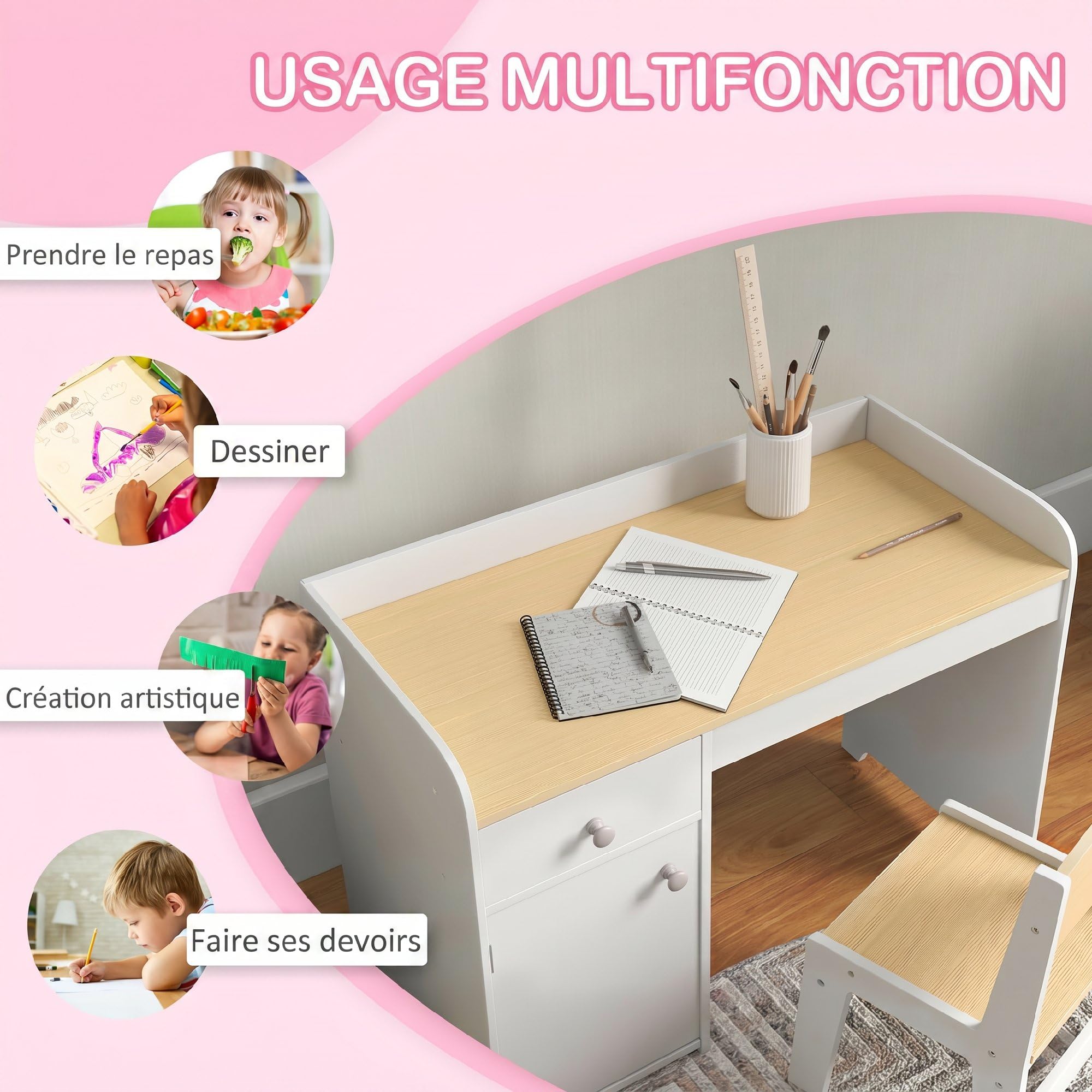 ZONEKIZ Bureau Enfant avec Chaise 3 à 6 Ans 80 x 39 x 59 cm Blanc