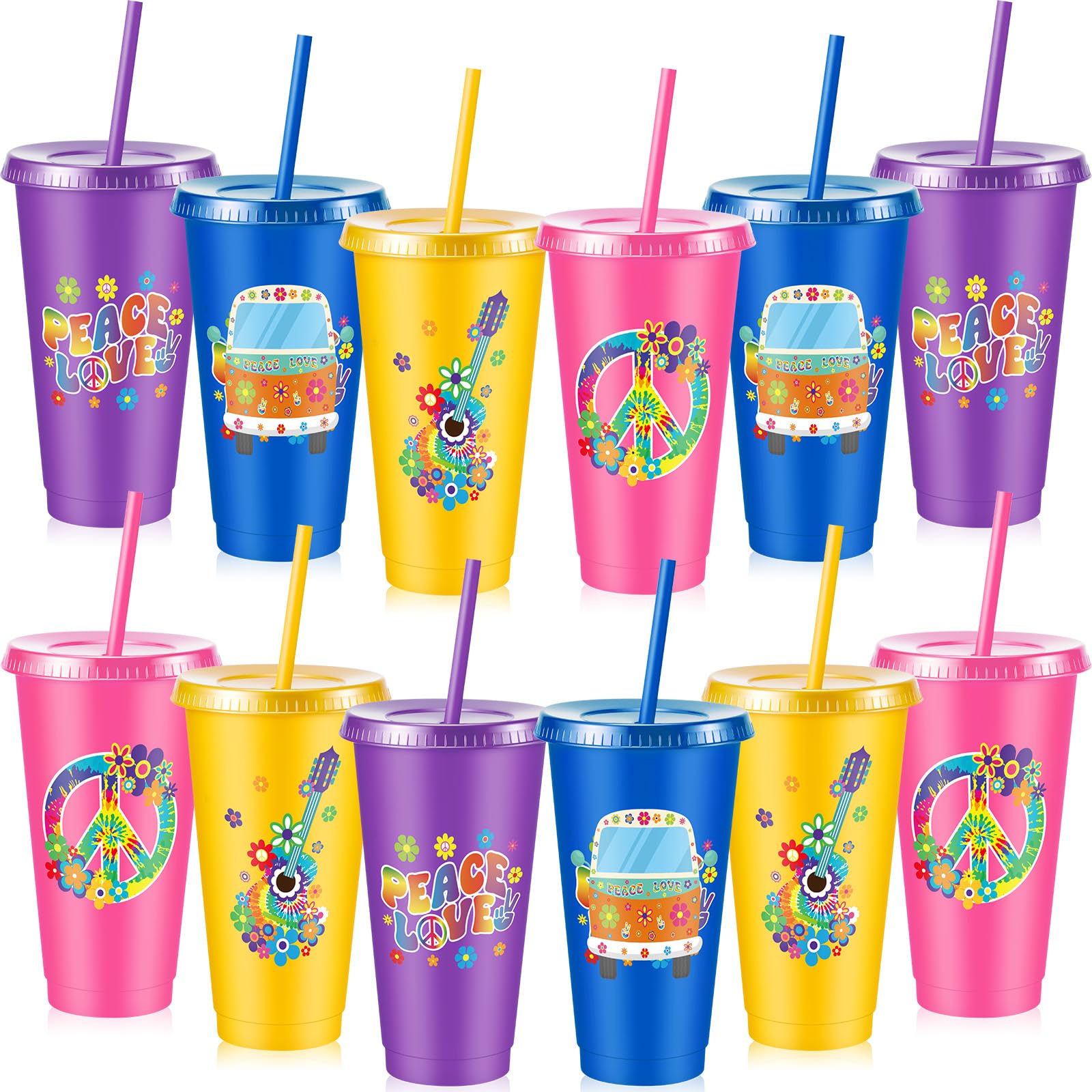 Chuangdi 12 Pcs 60's Hippie Party Decorations 24oz Hippie Themed Plastic Tumblers Reusable Cup with Lid and Straw for 60s 70s Peace and Love Bachelorette Birthday Baby Shower Groovy Party Supplies
