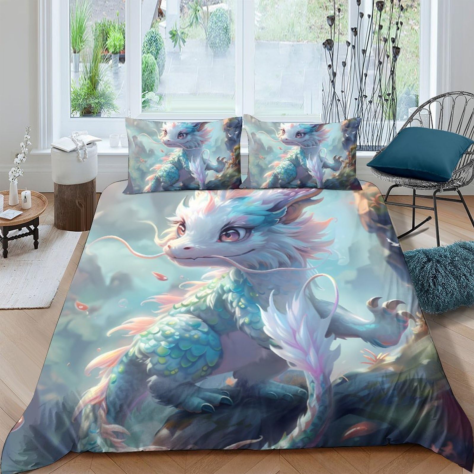 Ctjqhvkz Style-3 3D Printed Fantasy Dragon Fitted Sheet Microfiber Soft Breathable Forest Blue Mattress Cover For Bedroom Dorm Decor Single（135X200cm）