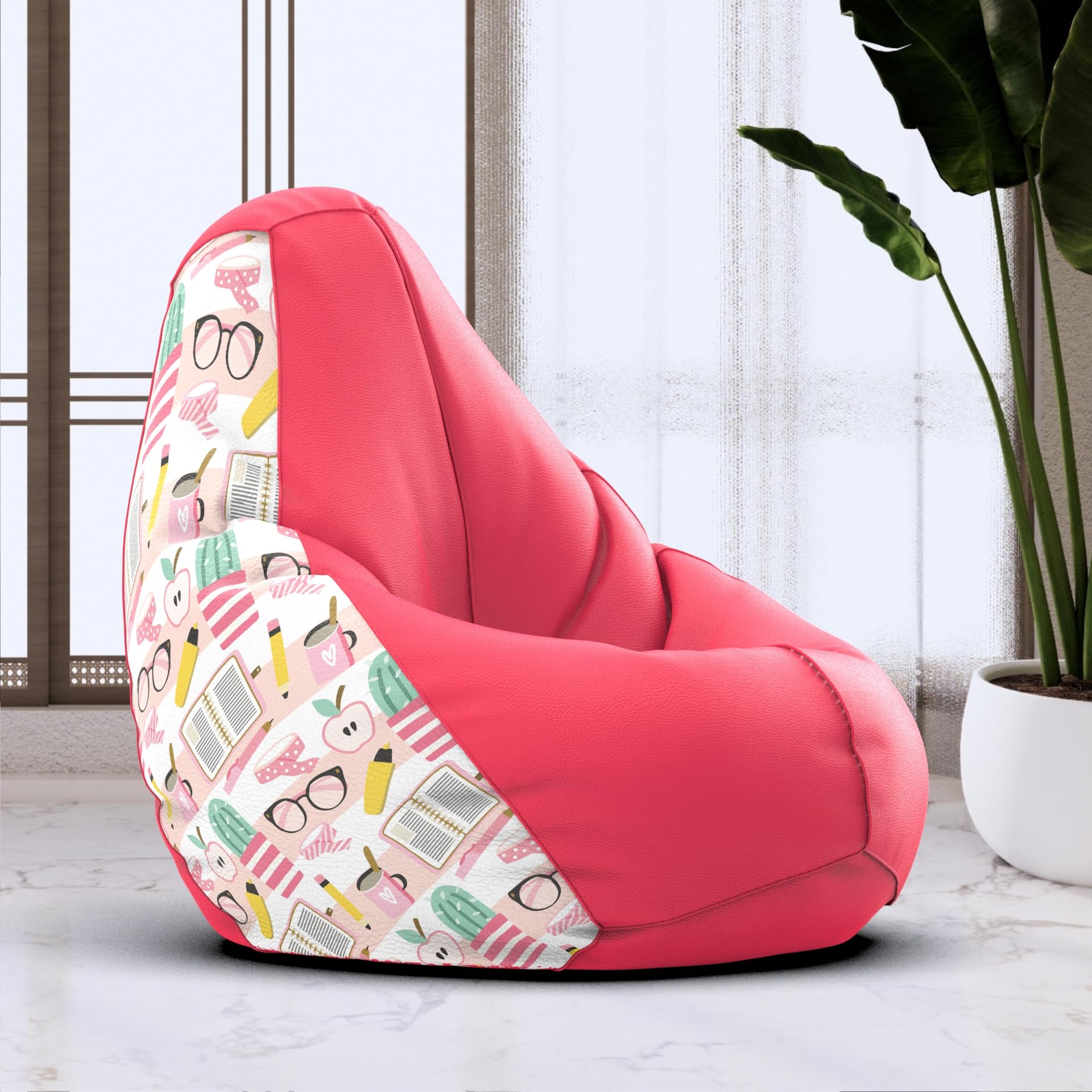 Bean Bag Chair Cover | Size: 1XL | Color: Study Time - H - Pink White | Without Beans | Premium Leatherette Cover (CMF 2965)-image-8