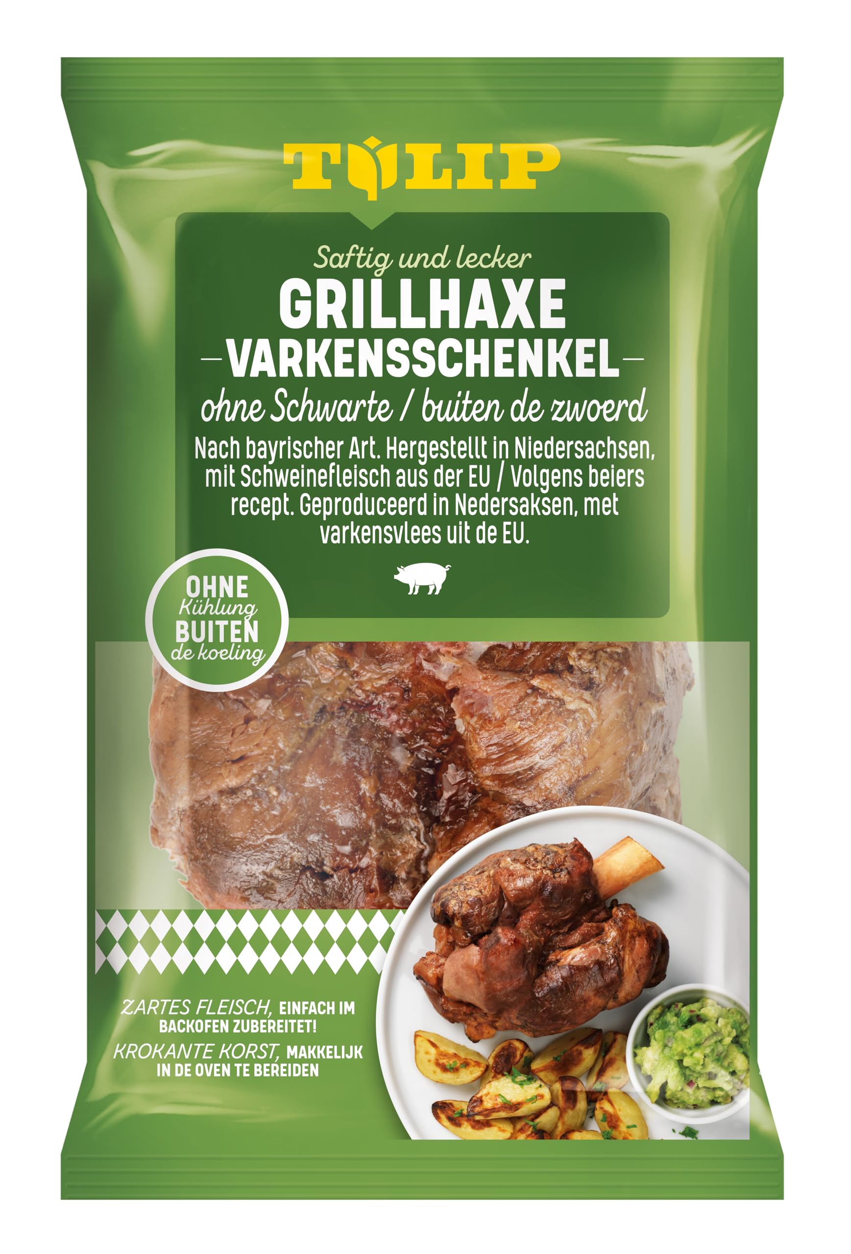 Tulip 6x 500g Schweinehaxe ohne Schwarte - Grillhaxe vorgegart tafelfertig | 6er Packung, glutenfrei, ungekühlt haltbar, im Ofen oder Grill in 35 Min zubereitet, saftiges Schweinefleisch aus der EU