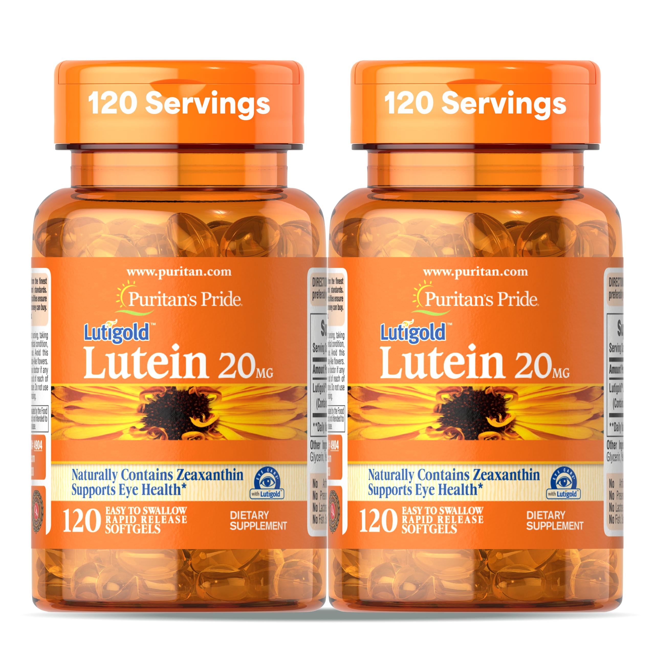 Puritan's Pride Premium Lutigold Lutein Carotenoid 20mg with Zeaxanthin for Men and Women, Dietary Supplement for Eye Health Support, 8 Month Supply, 120 Easy-to-Swallow Softgels, 2 Pack