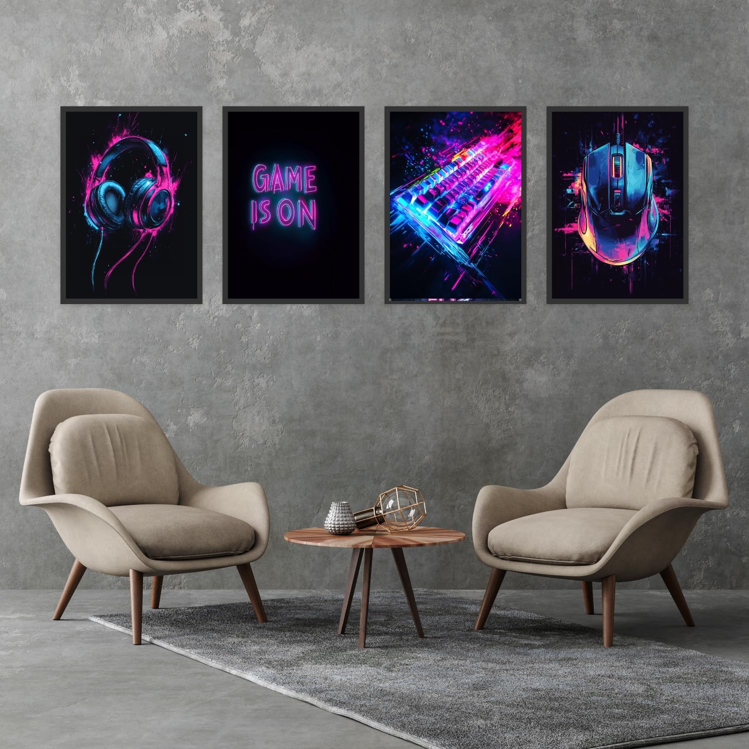 Donari Poster Gaming 4er-Set - Gaming Bild als Deko für Gamingzimmer - Wand Dekoration für Zocker Zimmer Led Optik Set A4 Bilder mit oder ohne Rahmen (Motiv 3, 21x30 cm, Gerahmt)