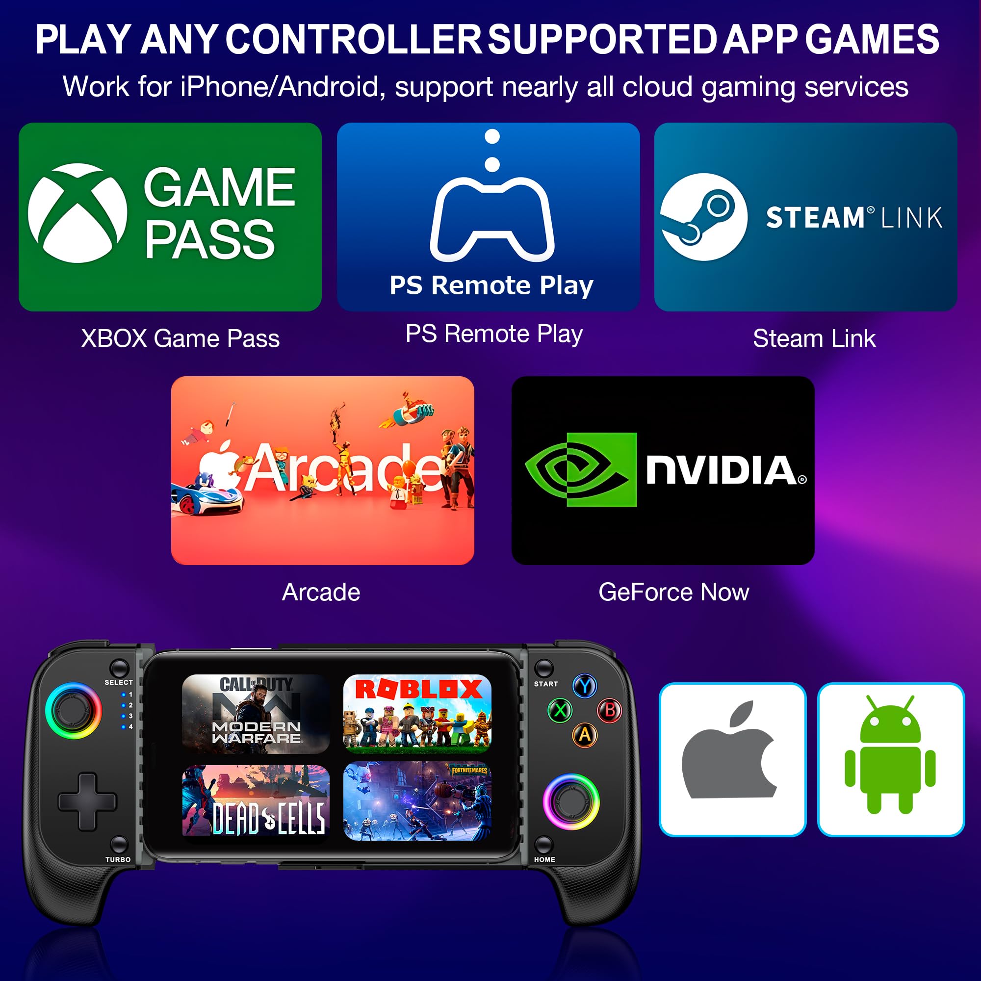 HELLCOOL Manette de jeu mobile pour iPhone et Android, manette de téléphone pour Xbox/Steam/GeForce Now/MFi Apple Arcade/Roblox, manette de jeu sans fil avec effet Hall/RGB